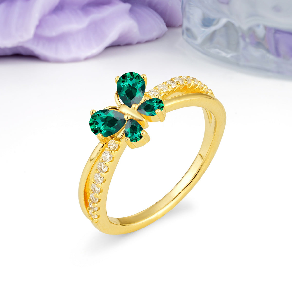 Luminescent Butterfly‑Wing Pear Cut Open‑Shank Emerald Wedding Ring - Additional view