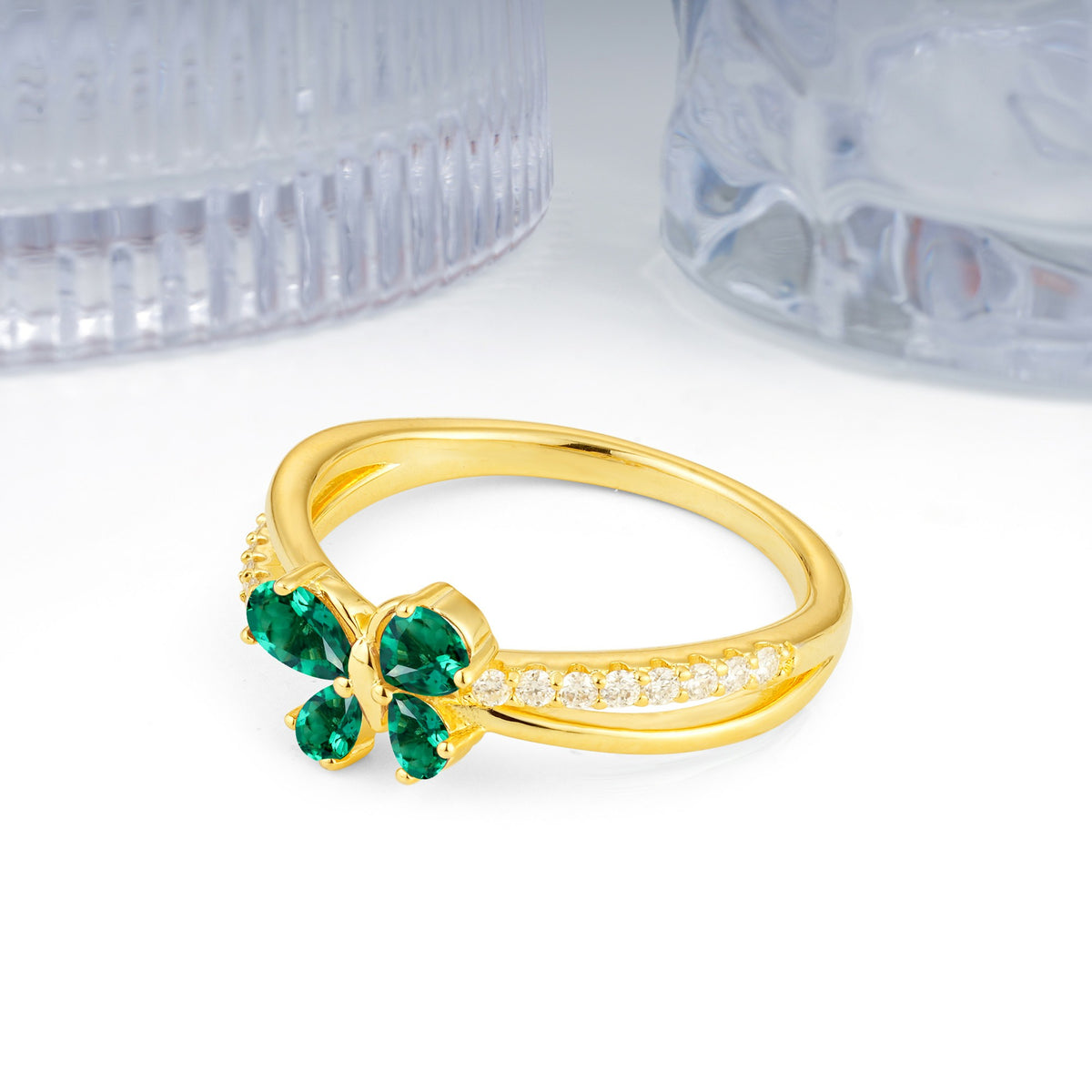Luminescent Butterfly‑Wing Pear Cut Open‑Shank Emerald Wedding Ring - Additional view