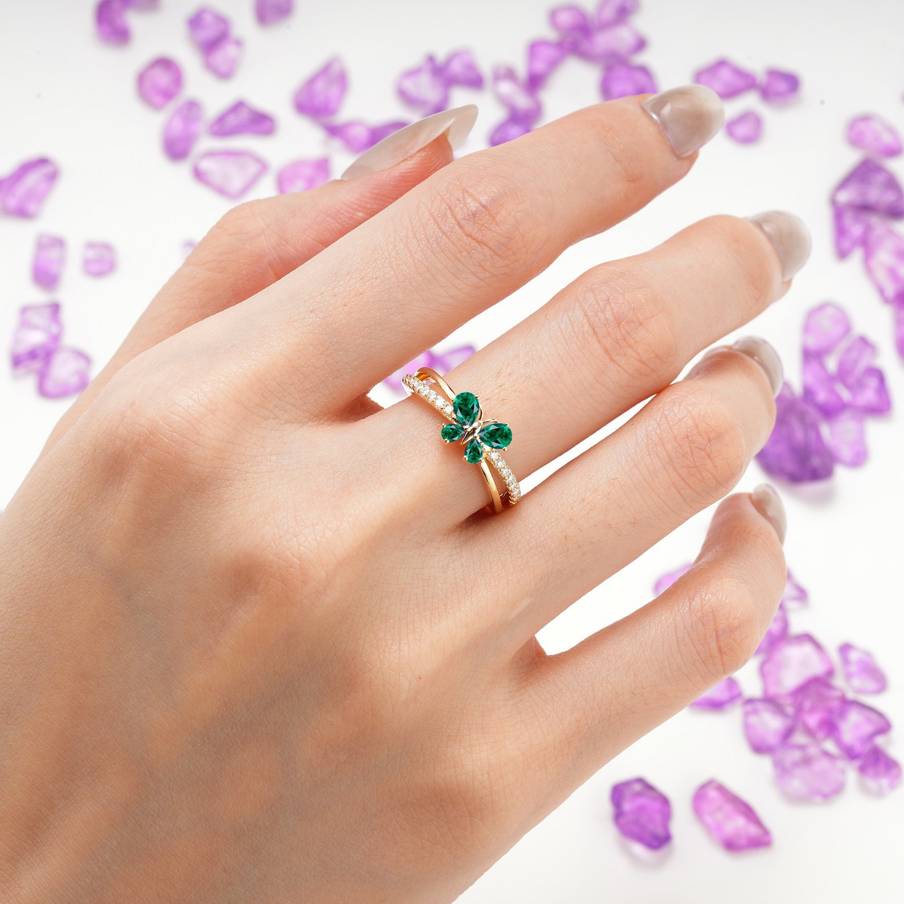 Luminescent Butterfly‑Wing Pear Cut Open‑Shank Emerald Wedding Ring - Additional view