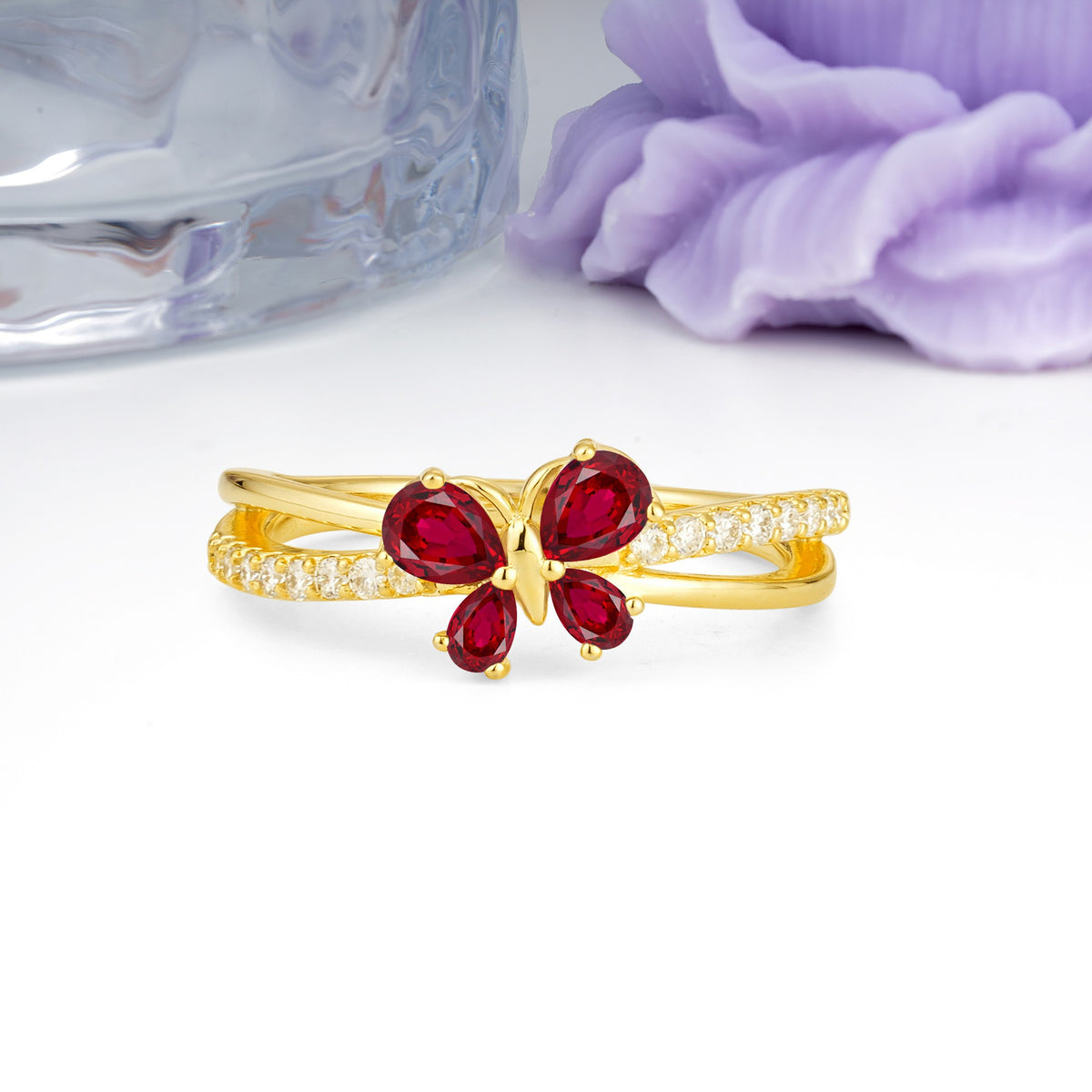 Luminescent Butterfly‑Wing Pear Cut Open‑Shank Ruby Wedding Ring - Additional view