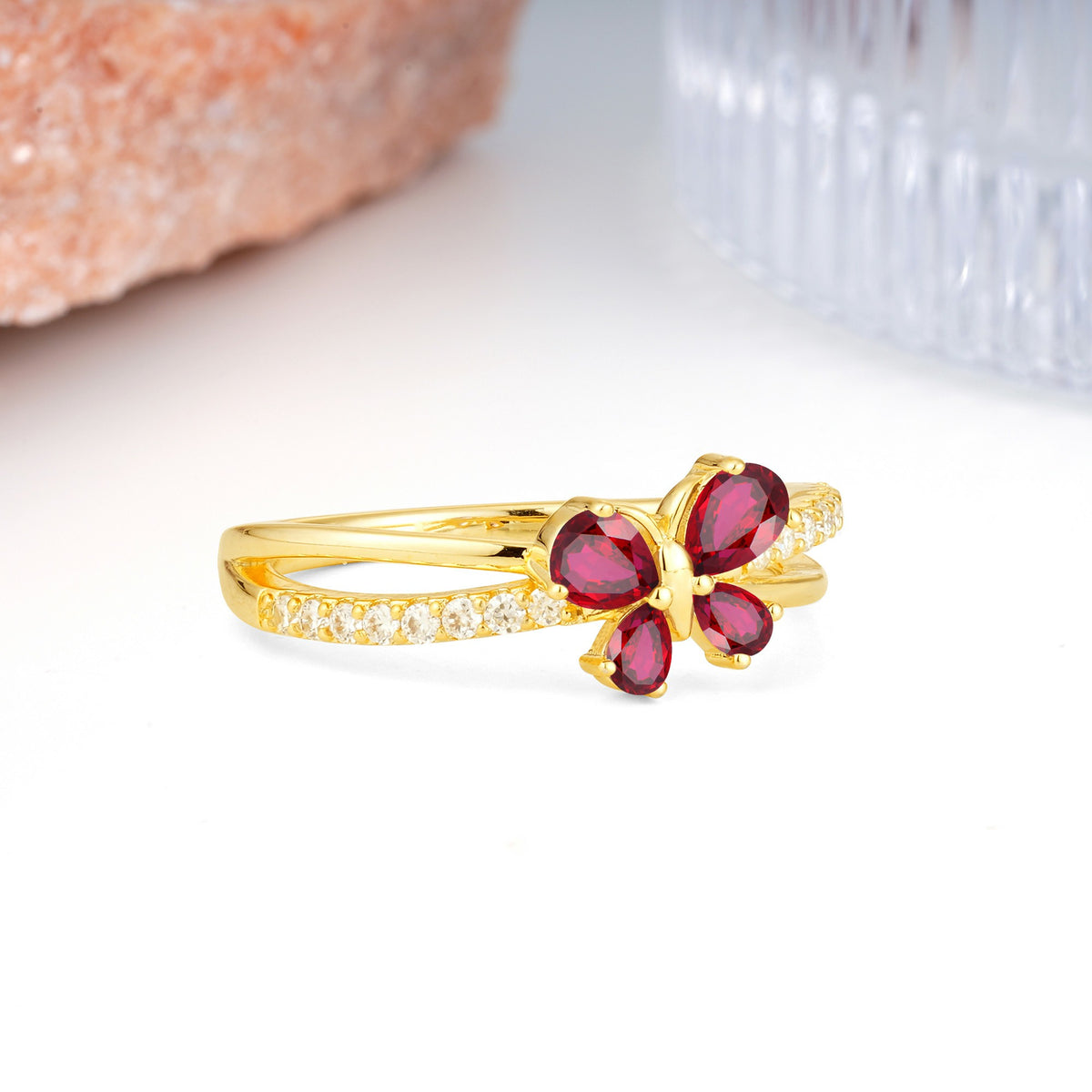 Luminescent Butterfly‑Wing Pear Cut Open‑Shank Ruby Wedding Ring - Additional view