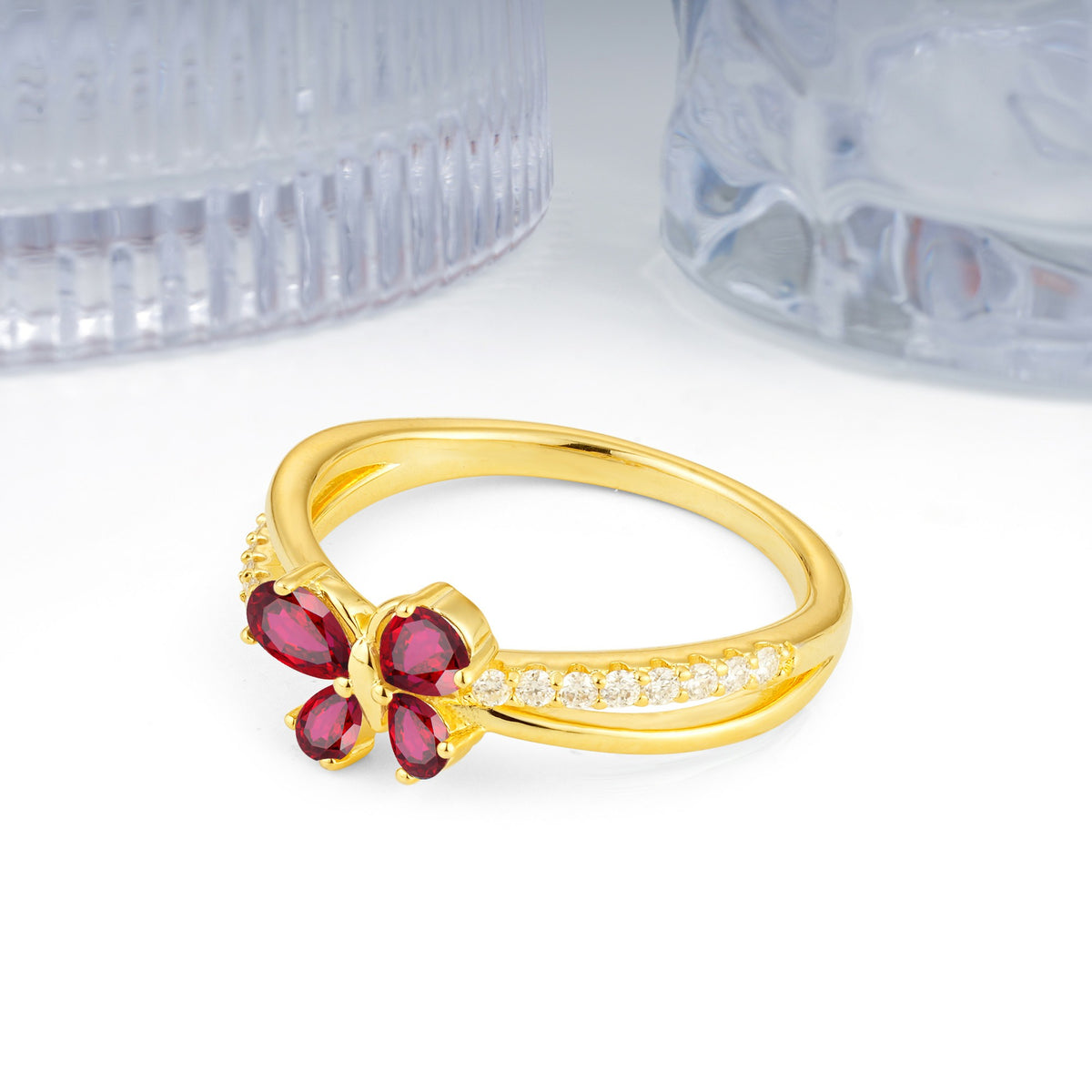 Luminescent Butterfly‑Wing Pear Cut Open‑Shank Ruby Wedding Ring - Additional view