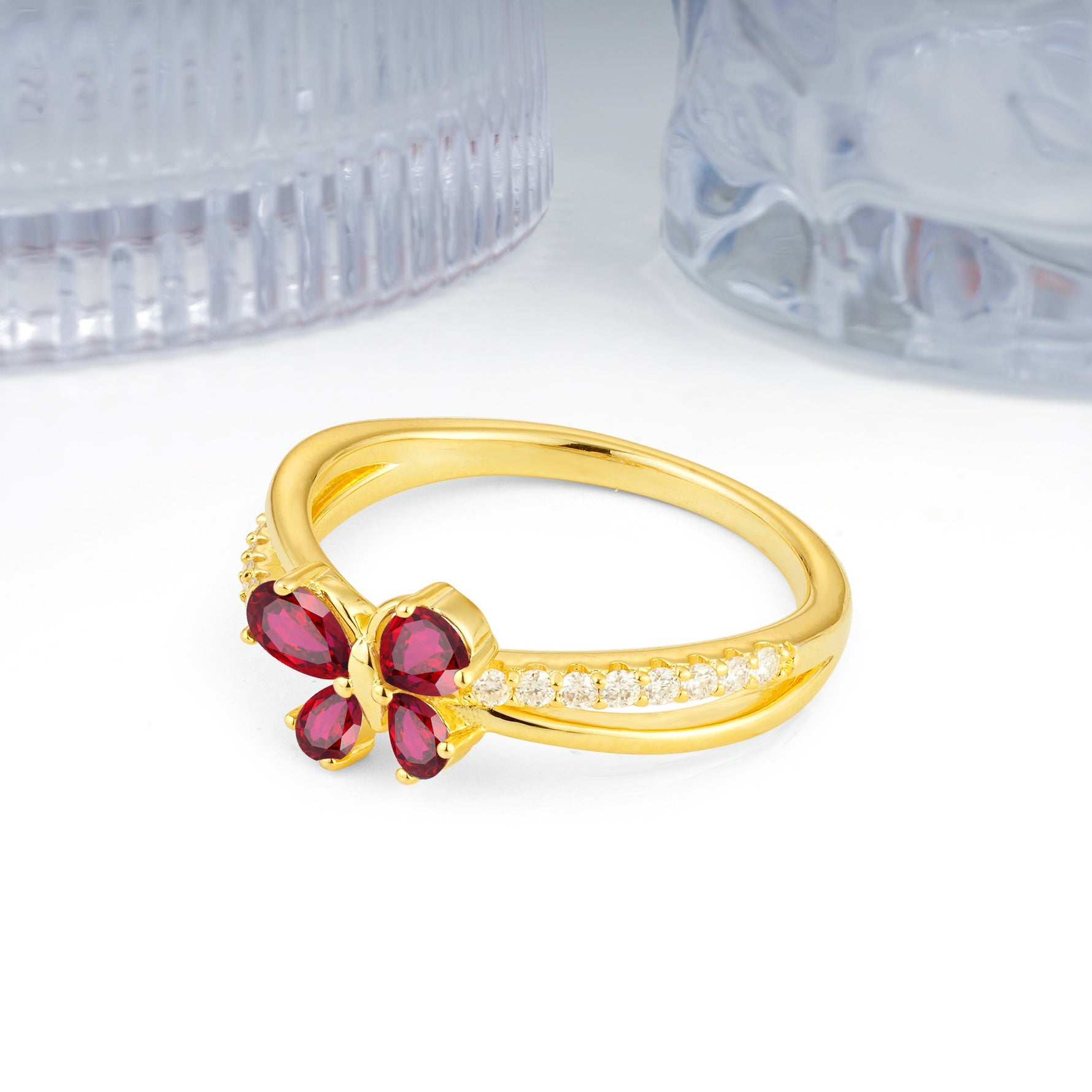 Luminescent Butterfly‑Wing Pear Cut Open‑Shank Ruby Wedding Ring - Additional view
