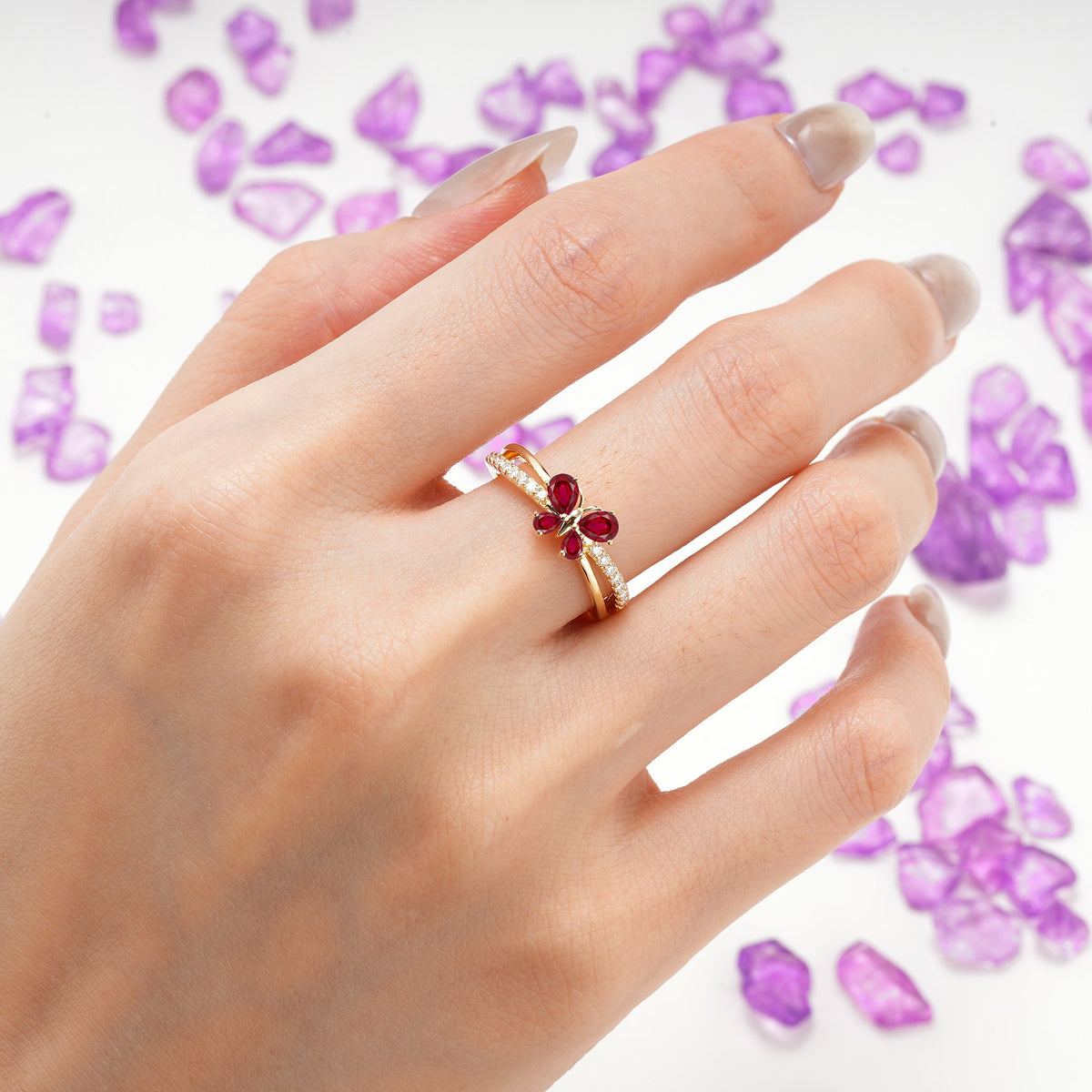 Luminescent Butterfly‑Wing Pear Cut Open‑Shank Ruby Wedding Ring - Additional view