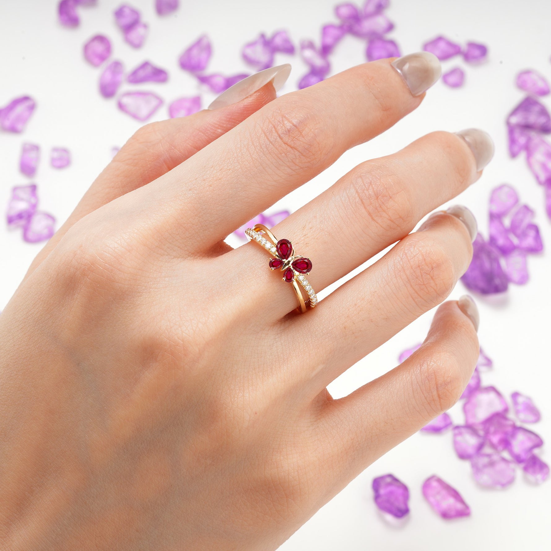 Luminescent Butterfly‑Wing Pear Cut Open‑Shank Ruby Wedding Ring - Additional view