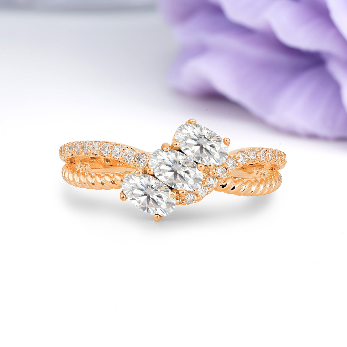 Luxurious And Unique 4 Prong Oval Cut Moissanite Three Stone Wedding Ring - Additional view