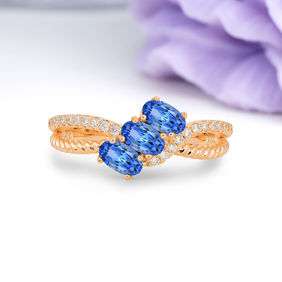 Luxurious And Unique 4 Prong Oval Cut Sapphire Three Stone Wedding Ring - Additional view