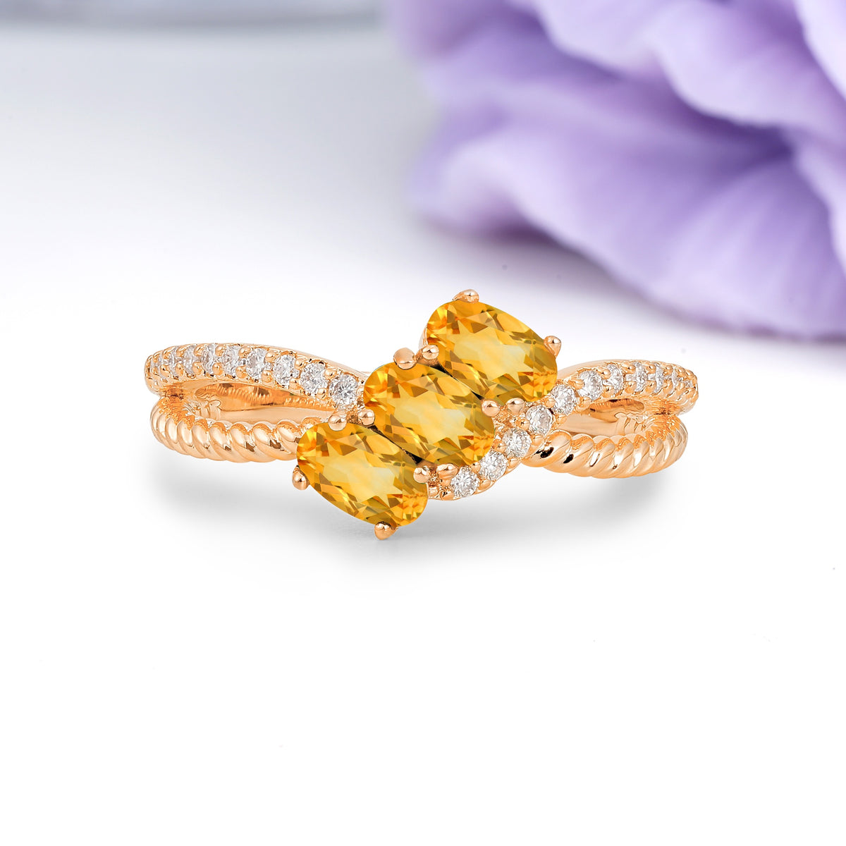 Luxurious And Unique 4 Prong Oval Cut Citrine Three Stone Wedding Ring - Additional view