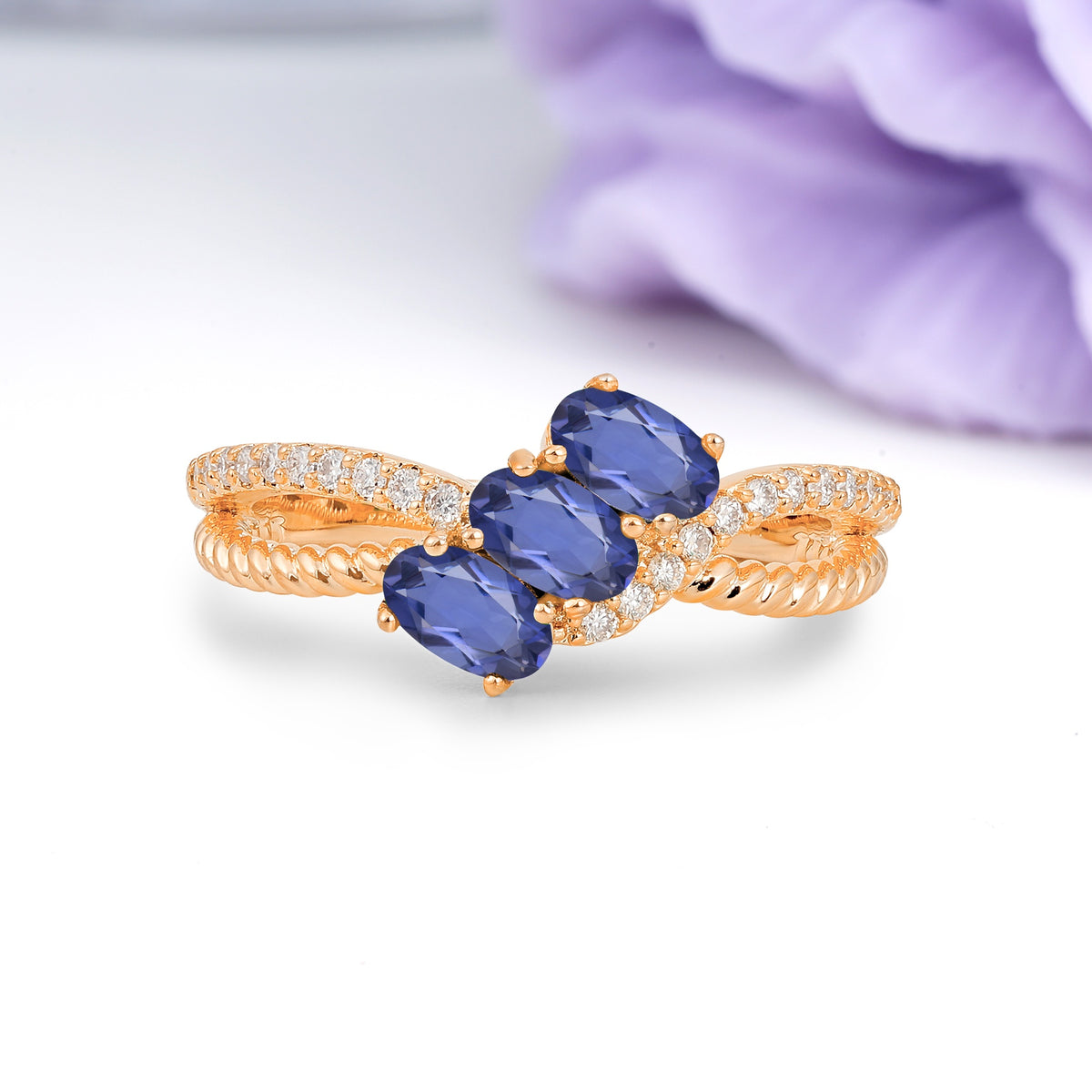 Luxurious And Unique 4 Prong Oval Cut Tanzanite Three Stone Wedding Ring - Additional view