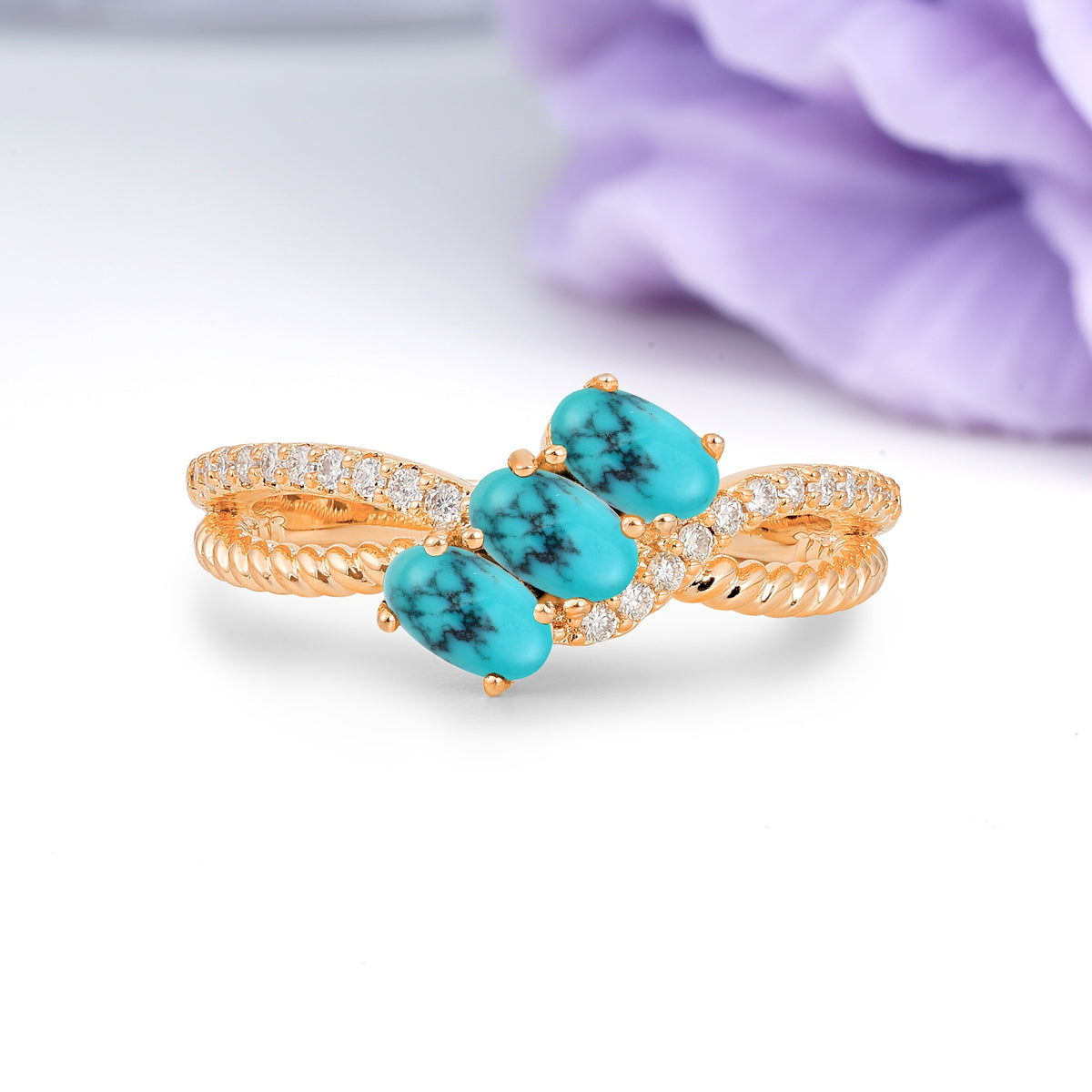 Luxurious And Unique 4 Prong Oval Cut Turquoise Three Stone Wedding Ring - Additional view