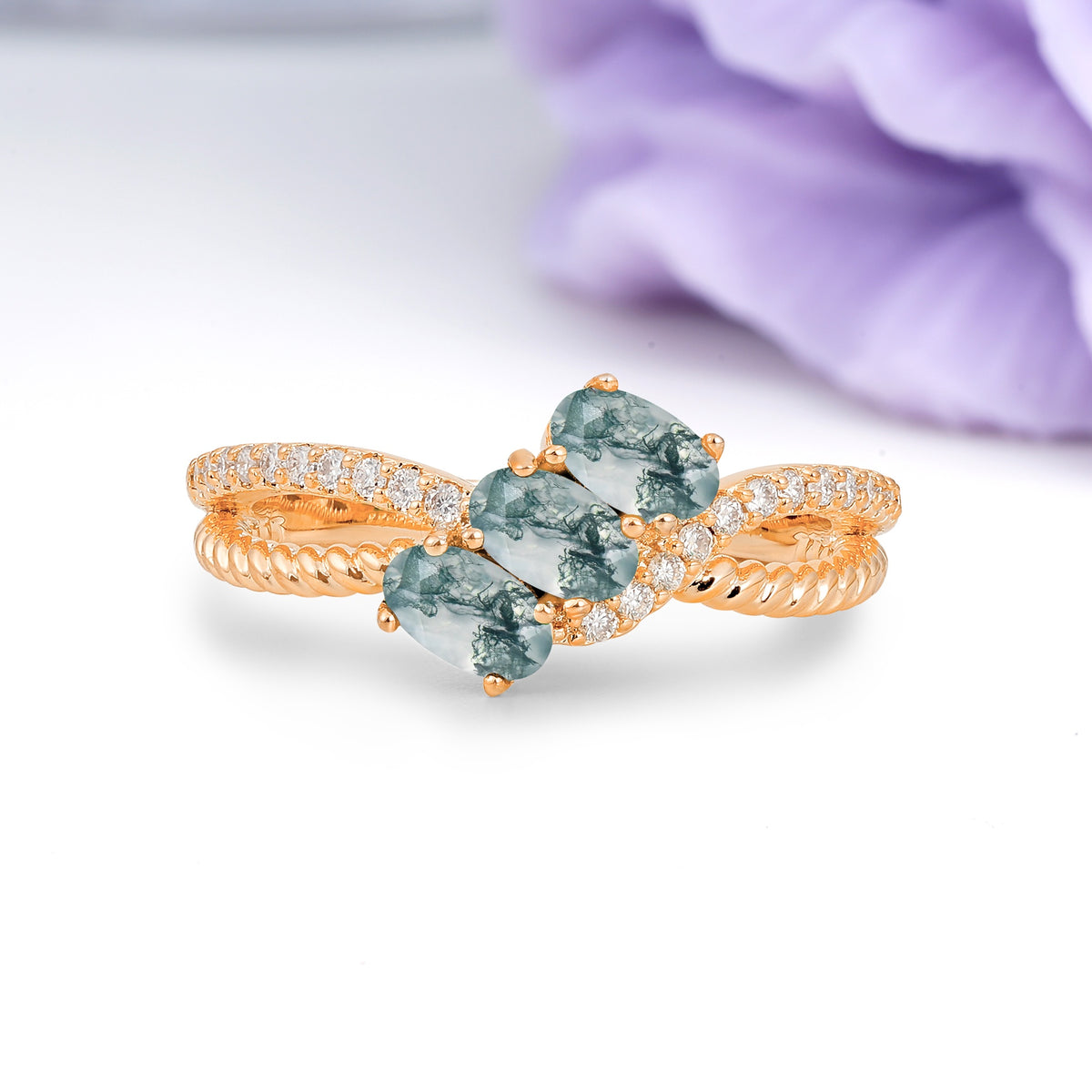 Luxurious And Unique 4 Prong Oval Cut Moss Agate Three Stone Wedding Ring - Additional view