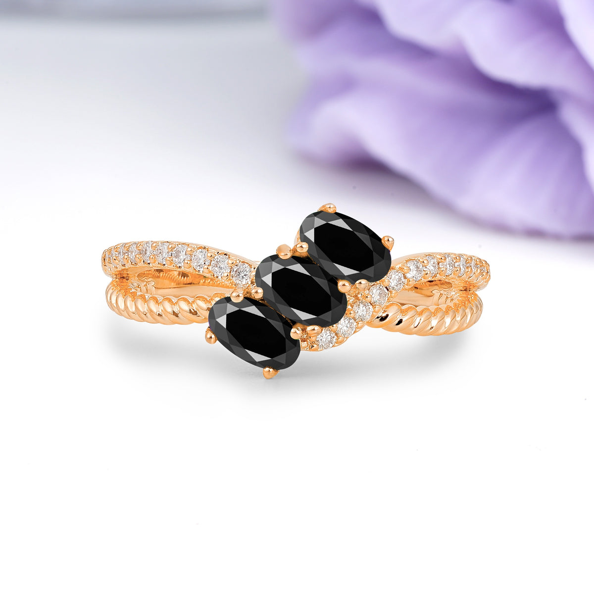 Luxurious And Unique 4 Prong Oval Cut Black Onyx Three Stone Wedding Ring - Additional view