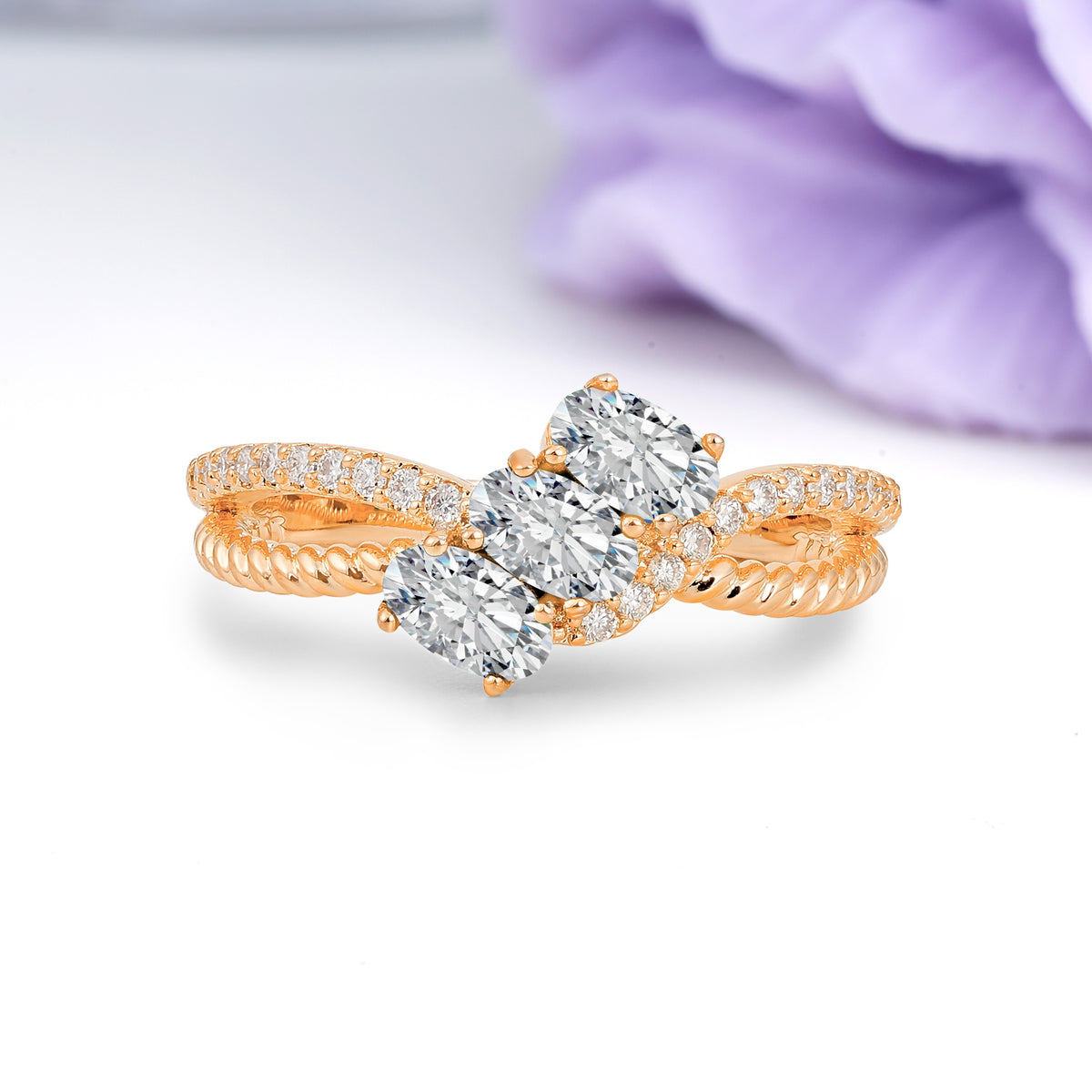 Luxurious And Unique 4 Prong Oval Cut Lab Diamond Three Stone Wedding Ring - Additional view