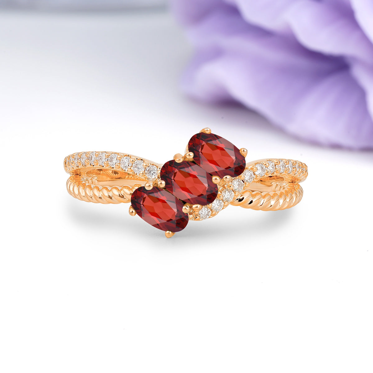 Luxurious And Unique 4 Prong Oval Cut Garnet Three Stone Wedding Ring - Additional view