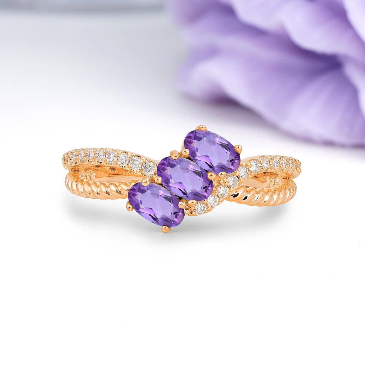 Luxurious And Unique 4 Prong Oval Cut Amethyst Three Stone Wedding Ring - Additional view