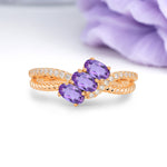 Luxurious Intertwined 4-Prong Oval Cut Amethyst Three-Stone Wedding Ring - Additional view