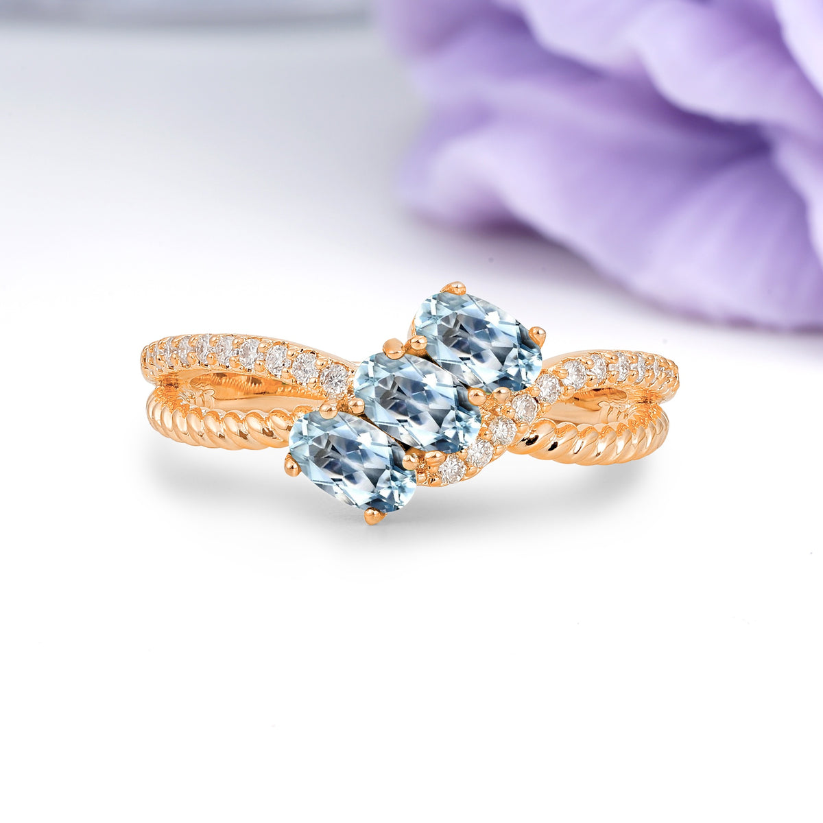 Luxurious And Unique 4 Prong Oval Cut Aquamarine Three Stone Wedding Ring - Additional view