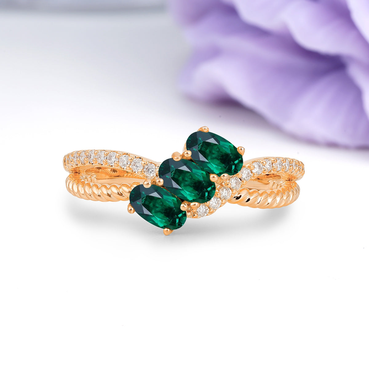 Luxurious And Unique 4 Prong Oval Cut Emerald Three Stone Wedding Ring - Additional view