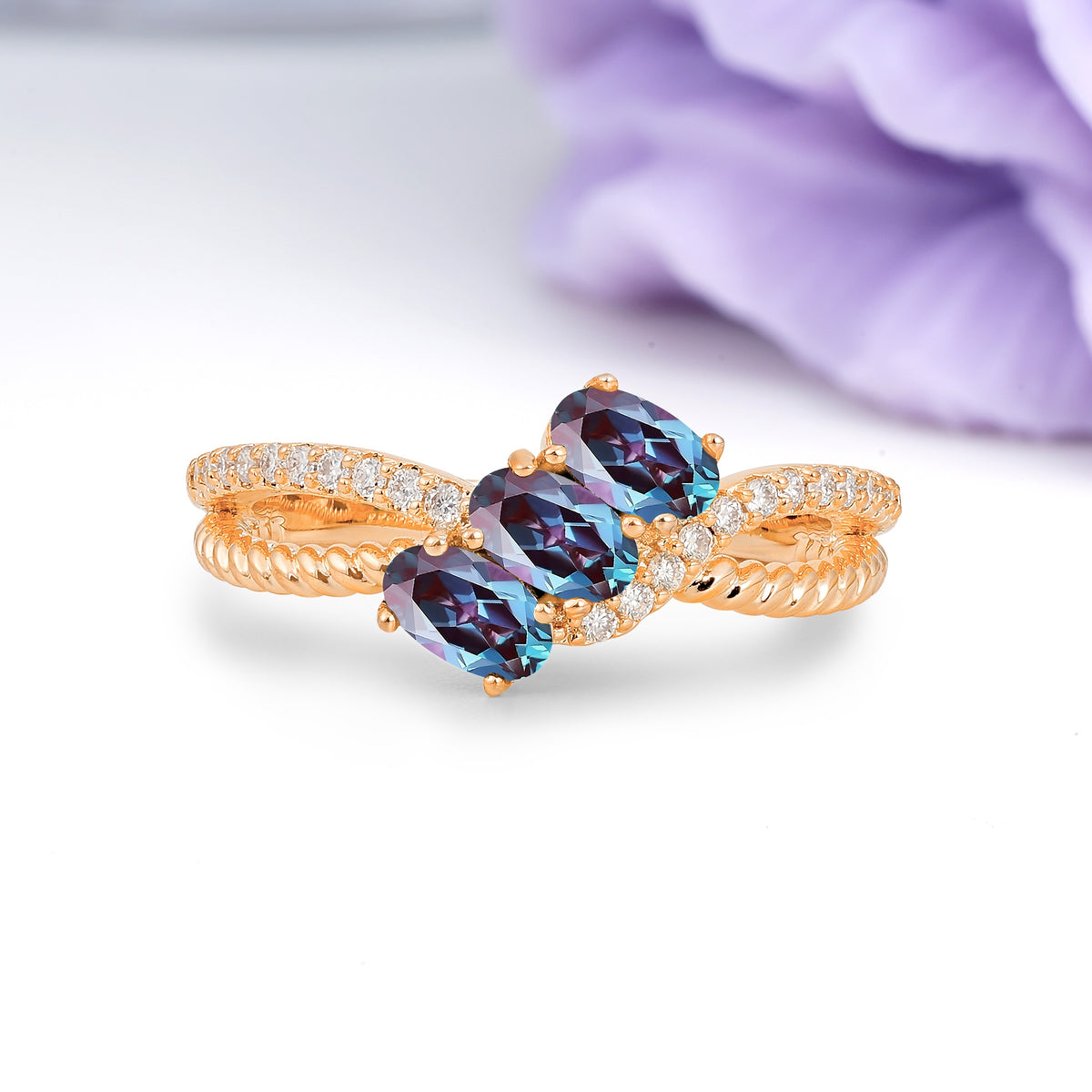Luxurious And Unique 4 Prong Oval Cut Alexandrite Three Stone Wedding Ring - Additional view