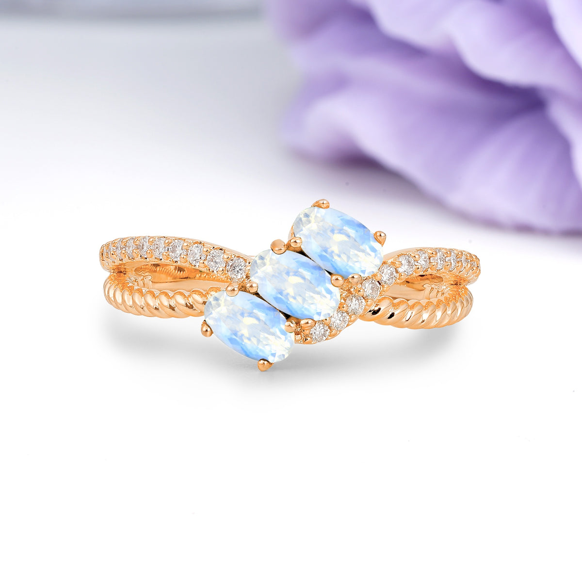 Luxurious And Unique 4 Prong Oval Cut Moonstone Three Stone Wedding Ring - Additional view