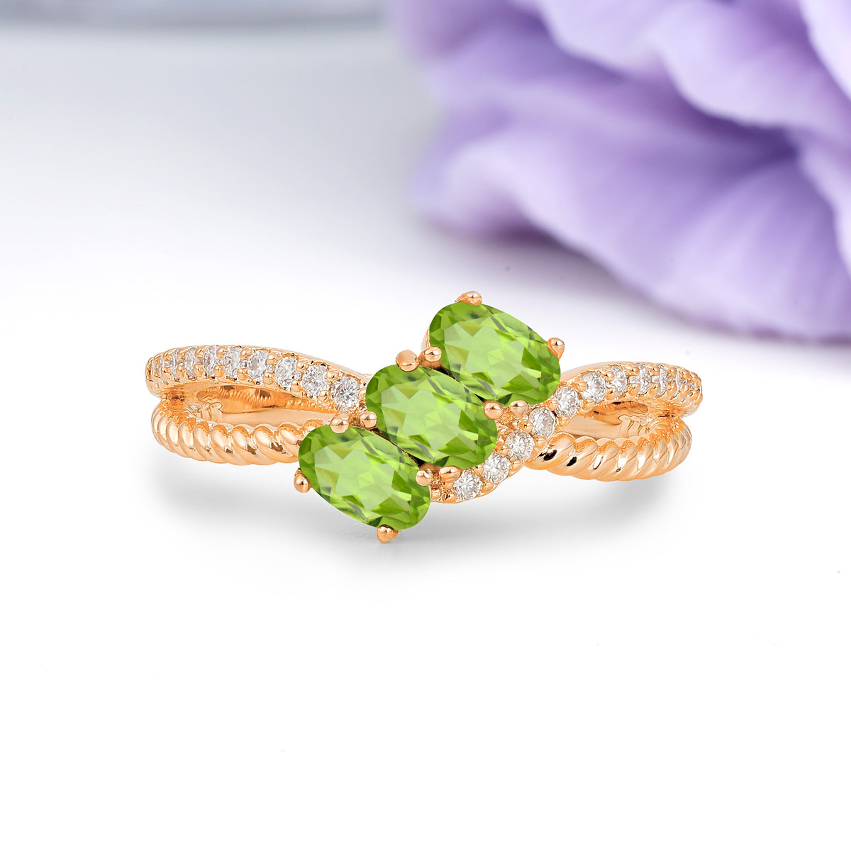 Luxurious And Unique 4 Prong Oval Cut Peridot Three Stone Wedding Ring - Additional view