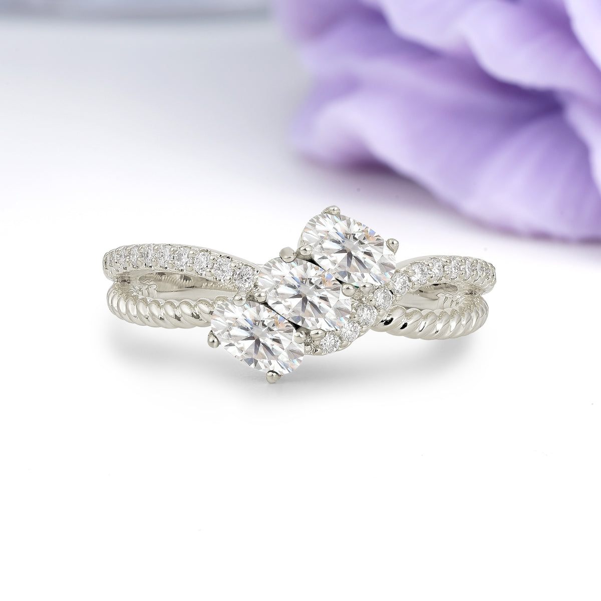Luxurious And Unique 4 Prong Oval Cut Moissanite Three Stone Wedding Ring - Additional view