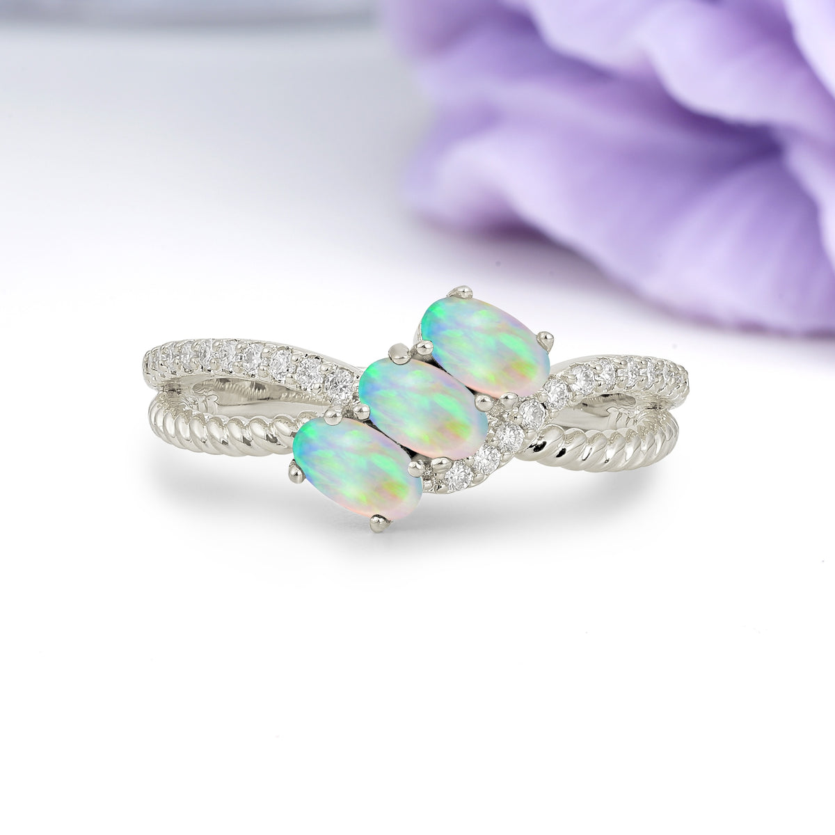 Luxurious And Unique 4 Prong Oval Cut Fire Opal Three Stone Wedding Ring - Additional view