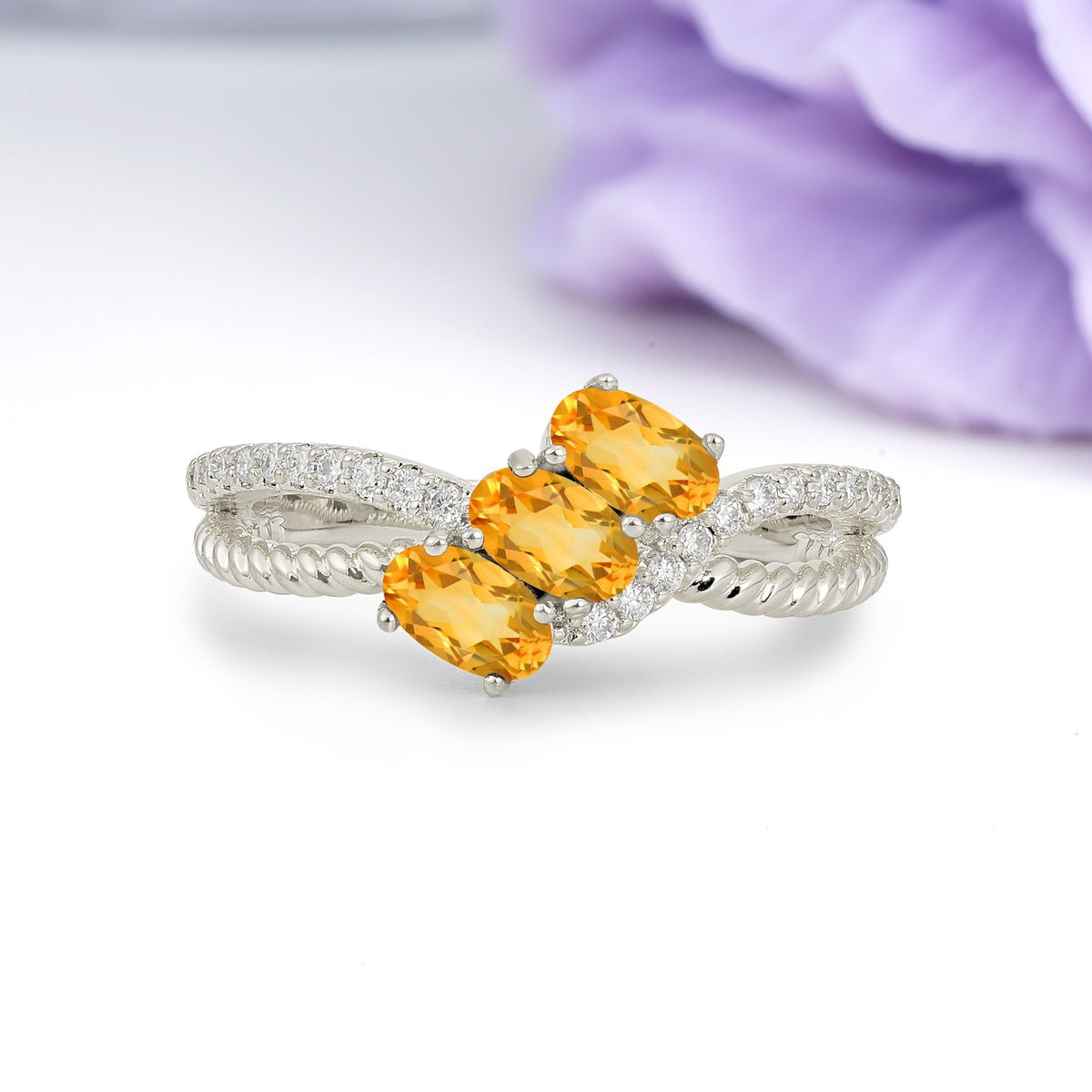 Luxurious And Unique 4 Prong Oval Cut Citrine Three Stone Wedding Ring - Additional view