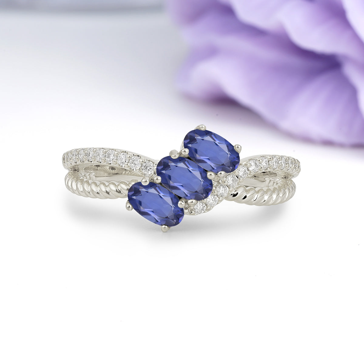 Luxurious And Unique 4 Prong Oval Cut Tanzanite Three Stone Wedding Ring - Additional view