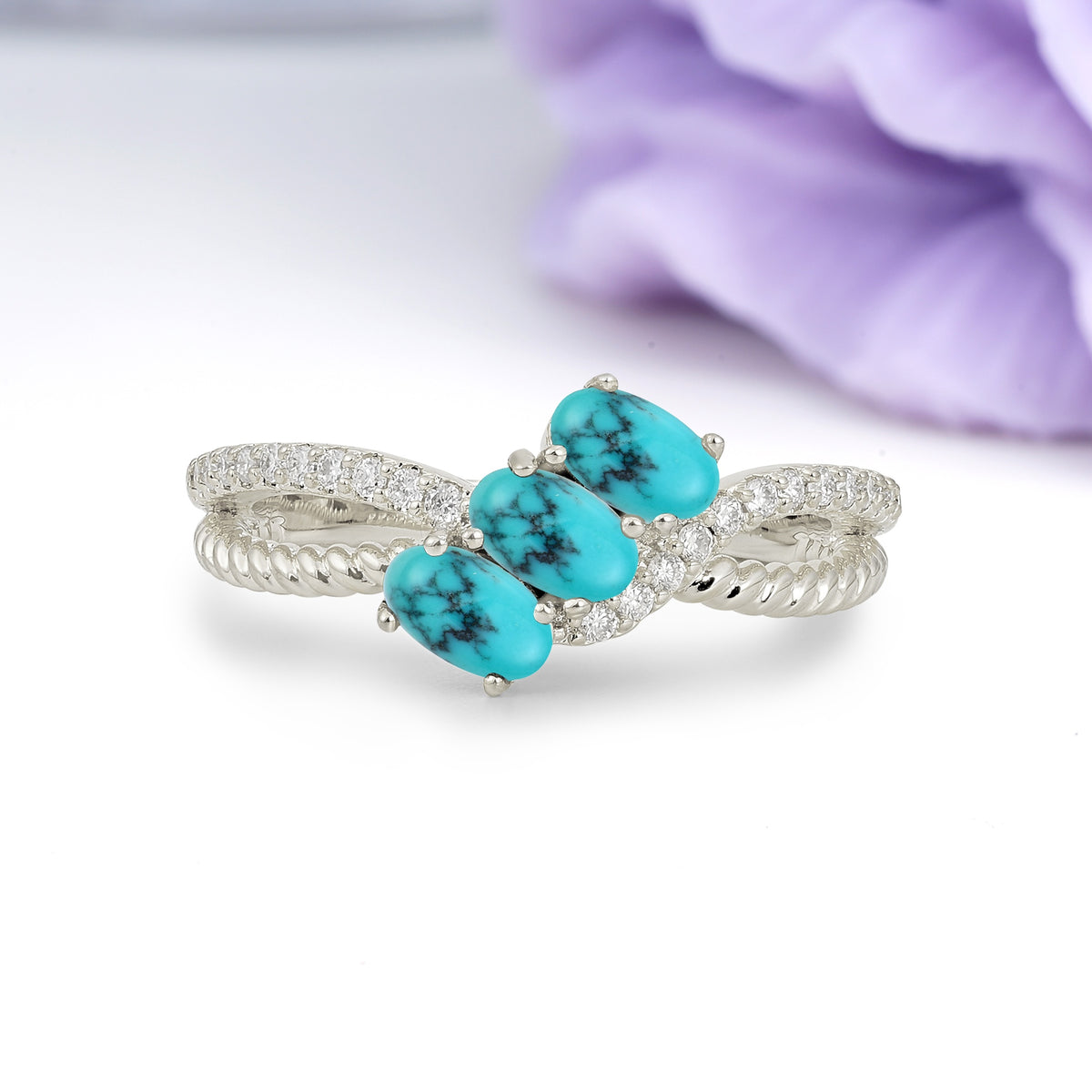 Luxurious And Unique 4 Prong Oval Cut Turquoise Three Stone Wedding Ring - Additional view