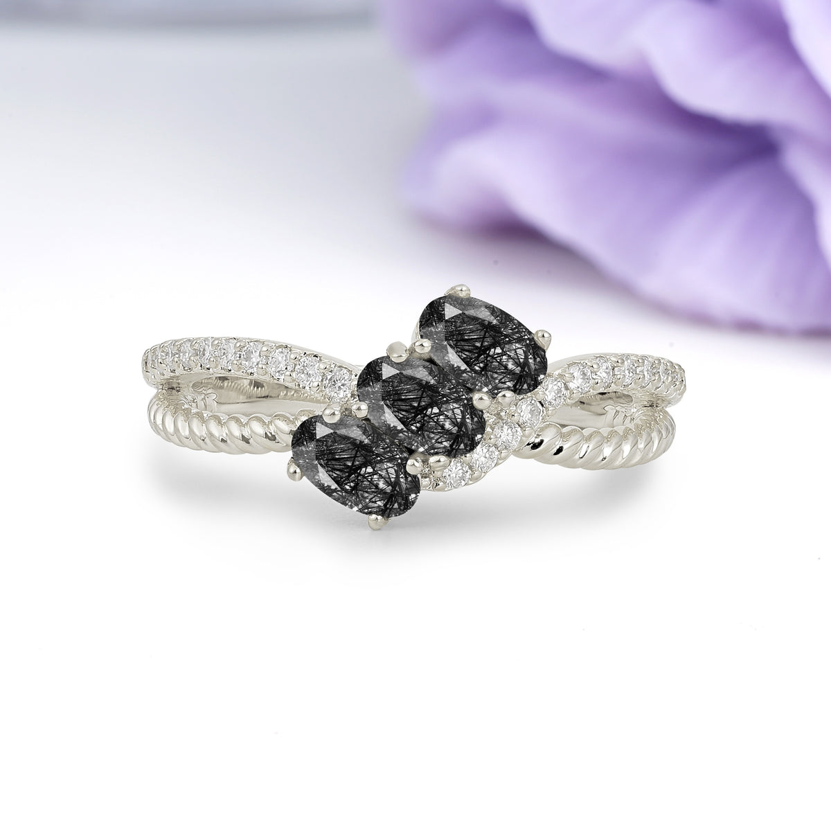 Luxurious And Unique 4 Prong Oval Cut Black Rutilated Quartz Three Stone Wedding Ring - Additional view