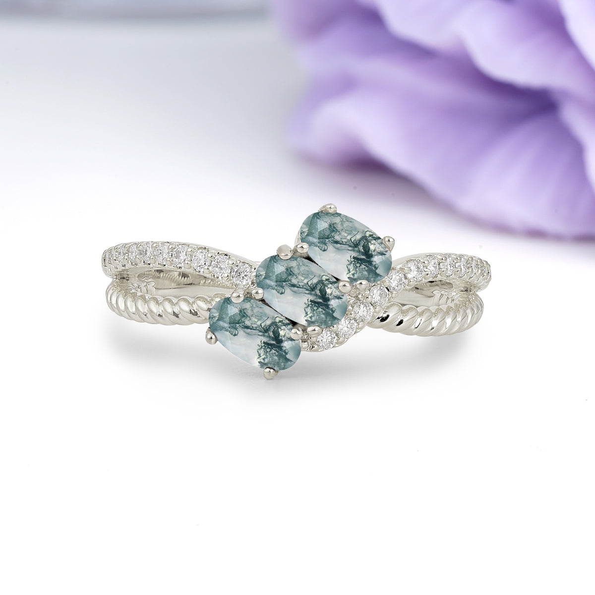 Luxurious And Unique 4 Prong Oval Cut Moss Agate Three Stone Wedding Ring - Additional view