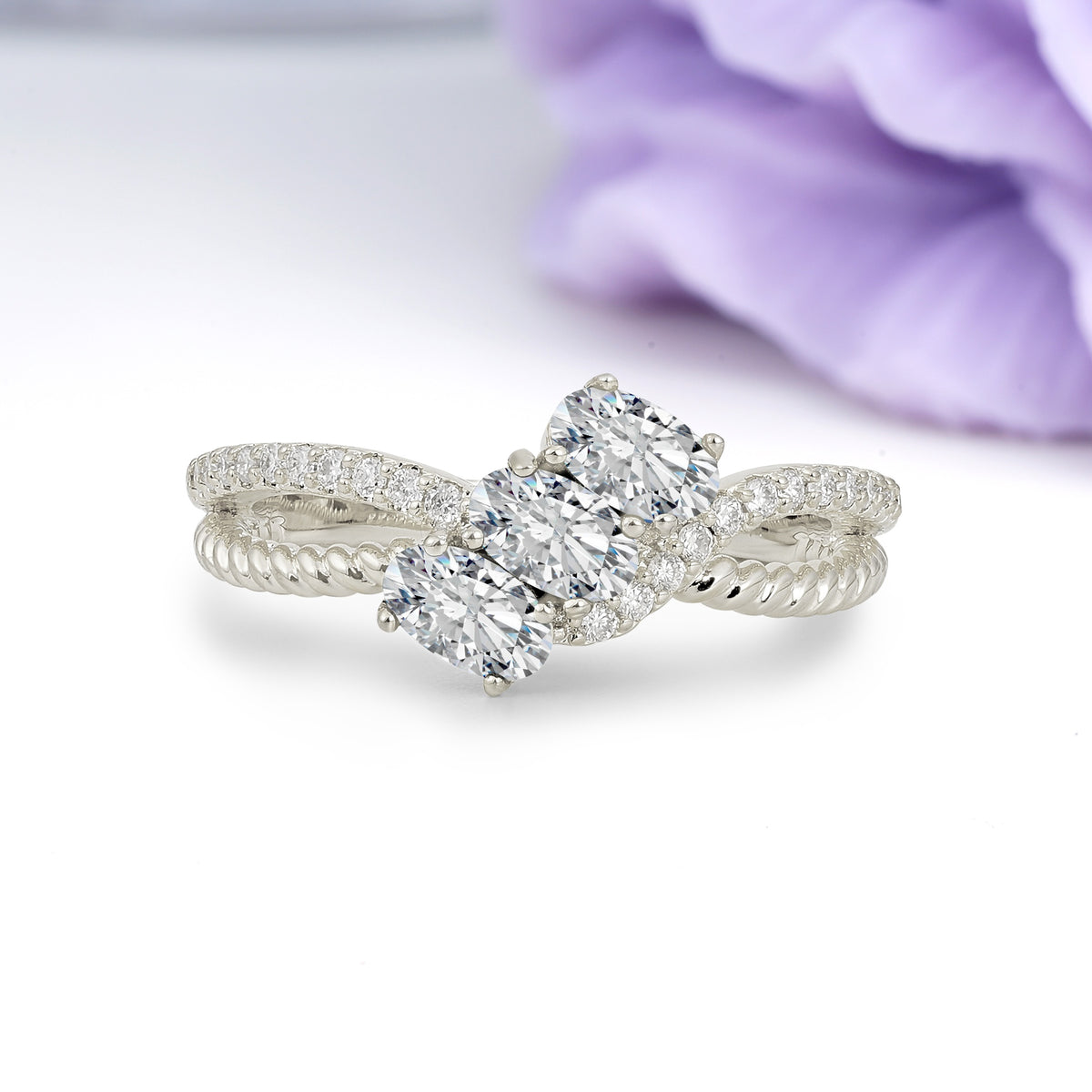 Luxurious And Unique 4 Prong Oval Cut Lab Diamond Three Stone Wedding Ring - Additional view