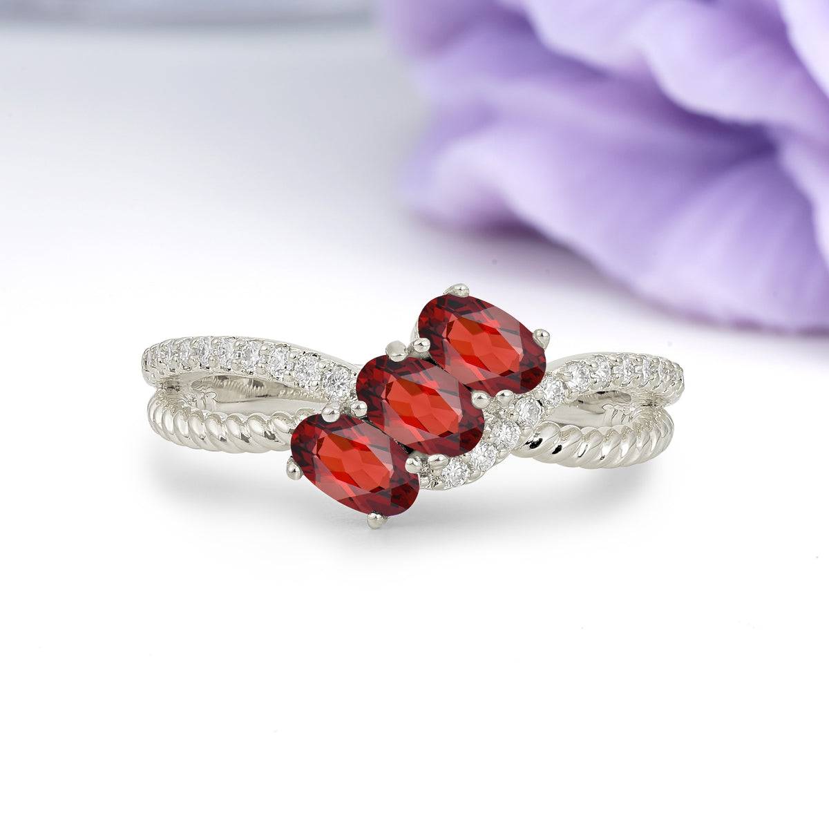 Luxurious And Unique 4 Prong Oval Cut Garnet Three Stone Wedding Ring - Additional view