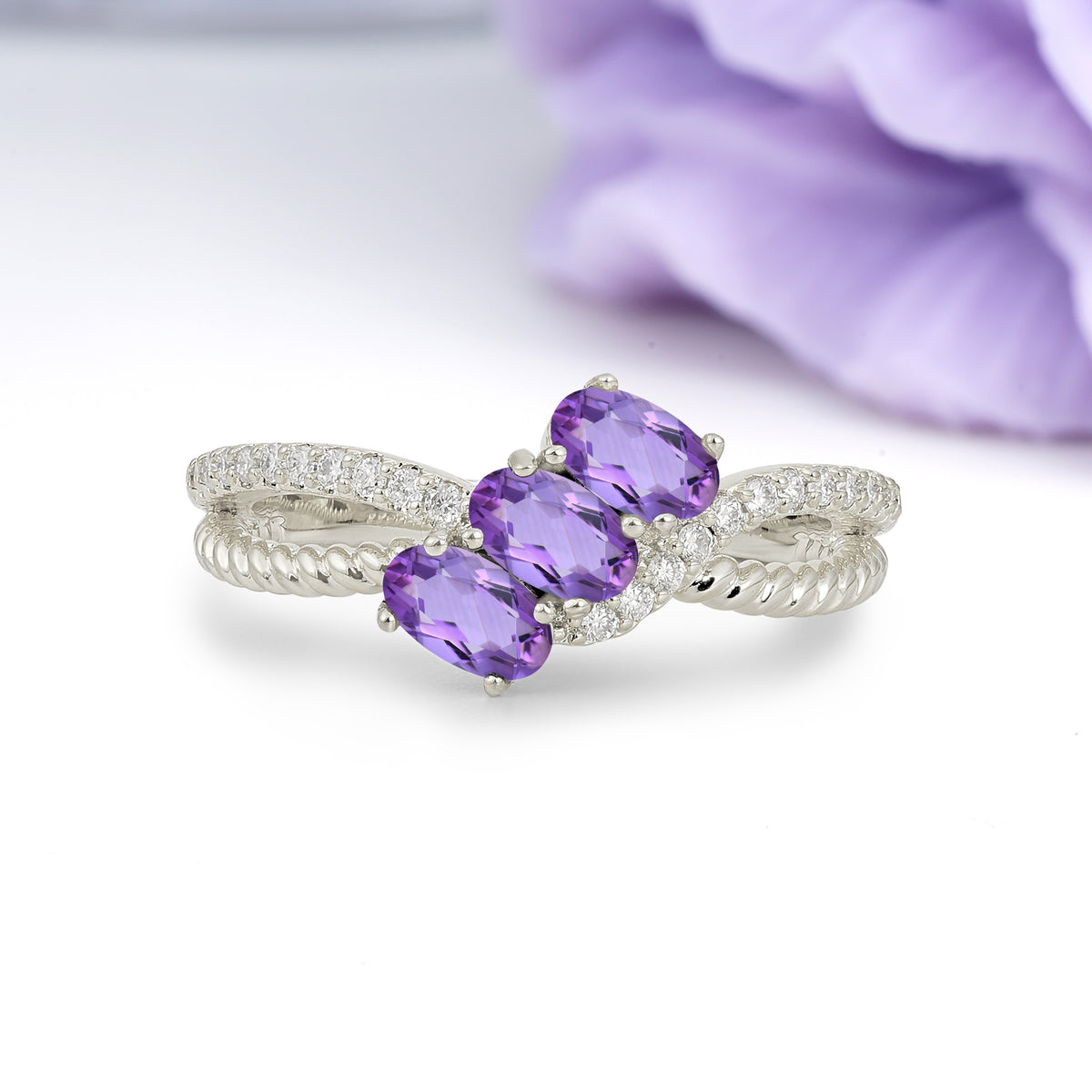 Luxurious And Unique 4 Prong Oval Cut Amethyst Three Stone Wedding Ring - Additional view