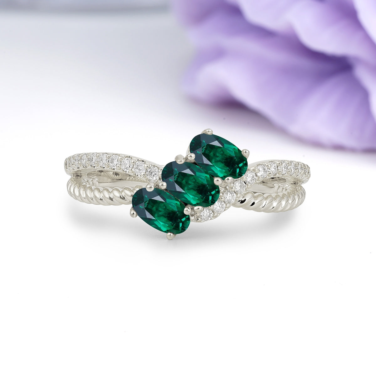 Luxurious And Unique 4 Prong Oval Cut Emerald Three Stone Wedding Ring - Additional view
