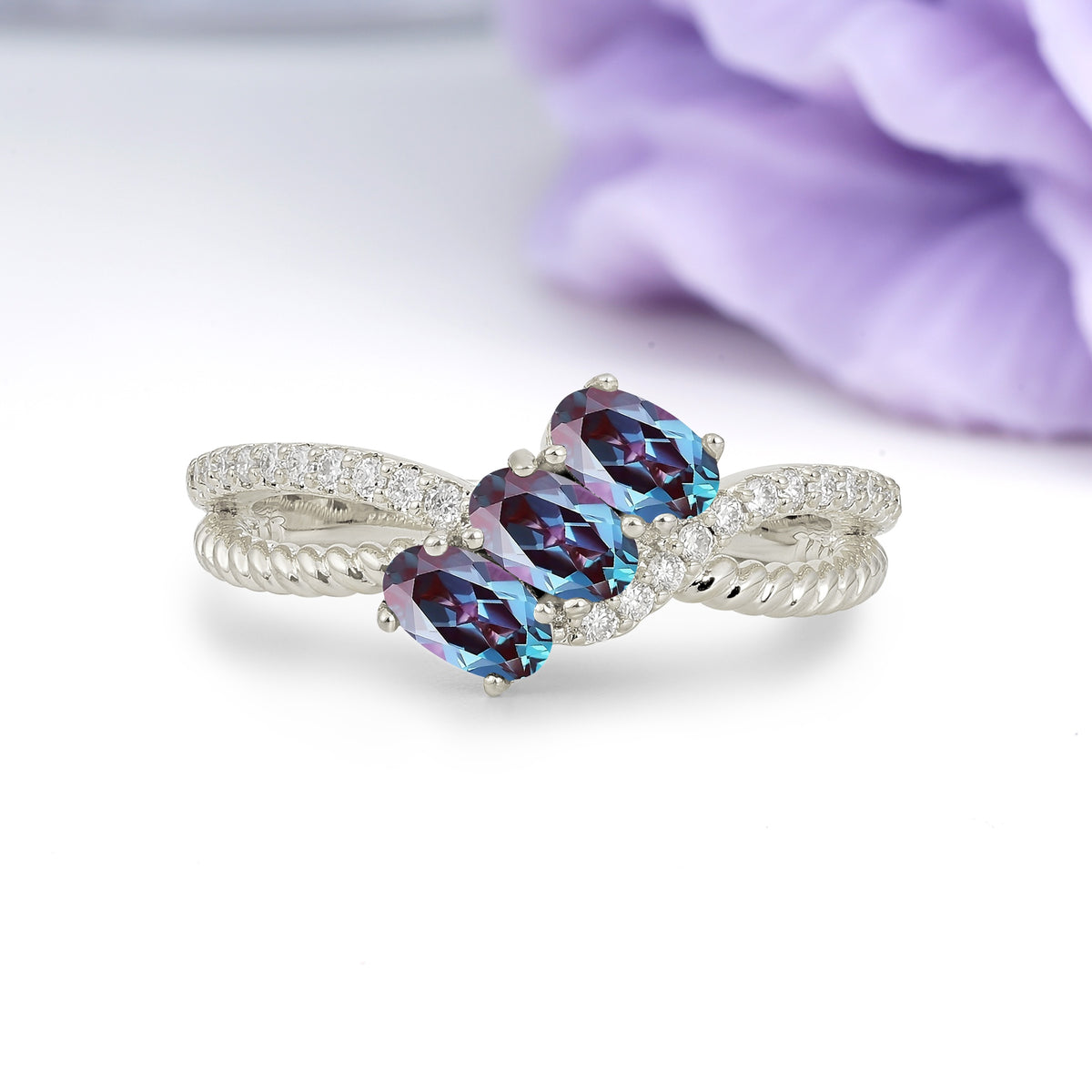 Luxurious And Unique 4 Prong Oval Cut Alexandrite Three Stone Wedding Ring - Additional view