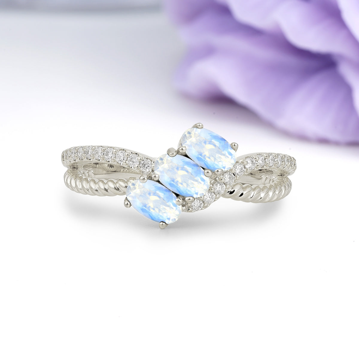 Luxurious And Unique 4 Prong Oval Cut Moonstone Three Stone Wedding Ring - Additional view