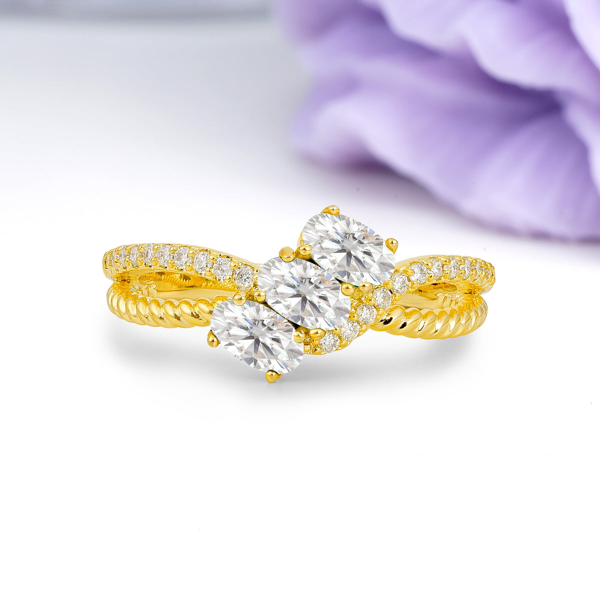 Luxurious And Unique 4 Prong Oval Cut Moissanite Three Stone Wedding Ring - Additional view