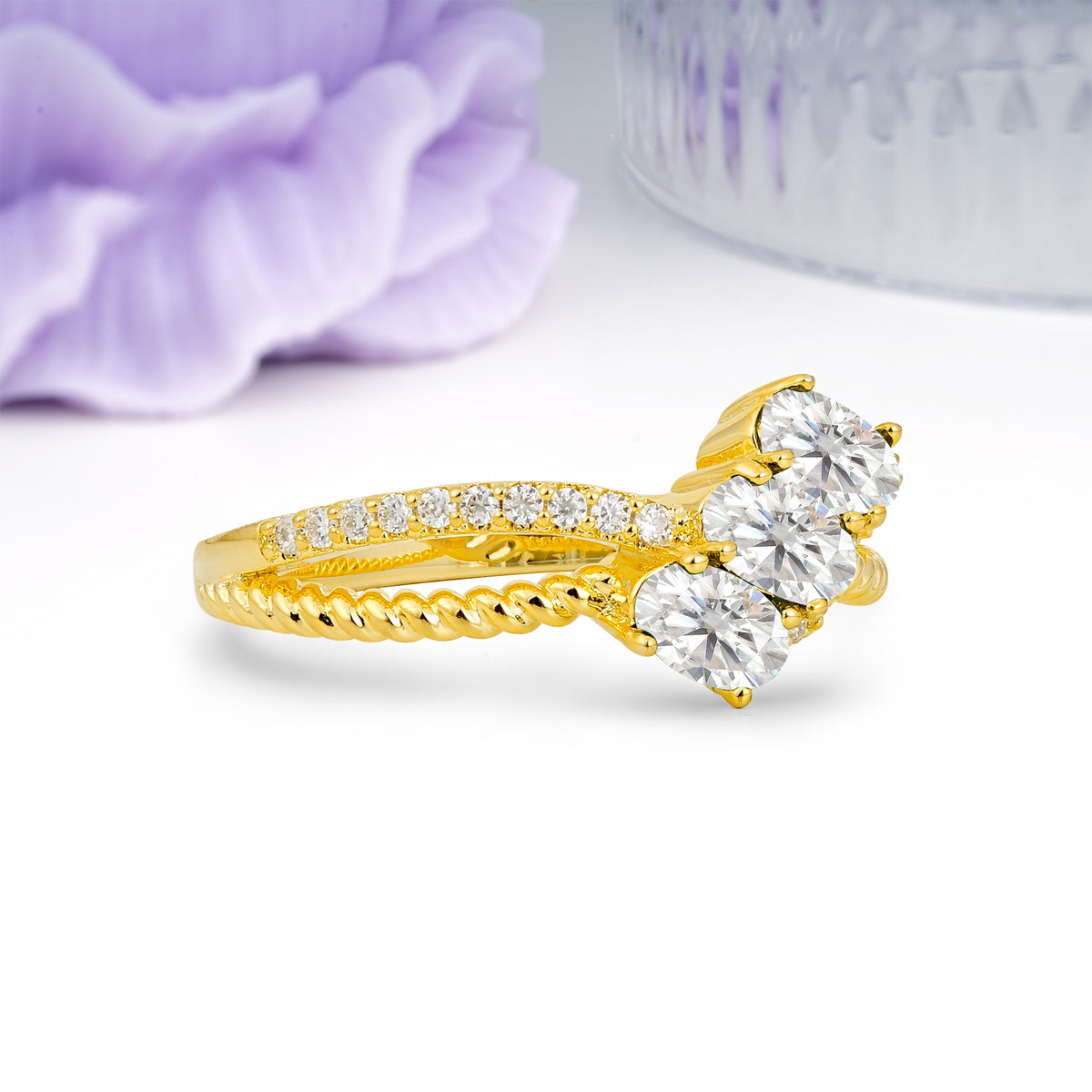 Luxurious And Unique 4 Prong Oval Cut Moissanite Three Stone Wedding Ring - Additional view