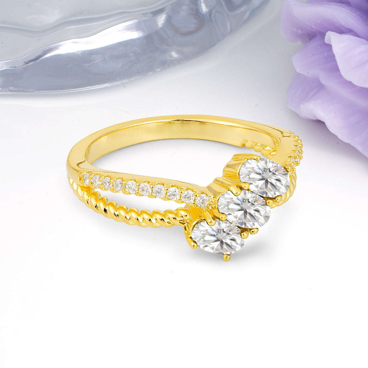 Luxurious And Unique 4 Prong Oval Cut Moissanite Three Stone Wedding Ring - Additional view