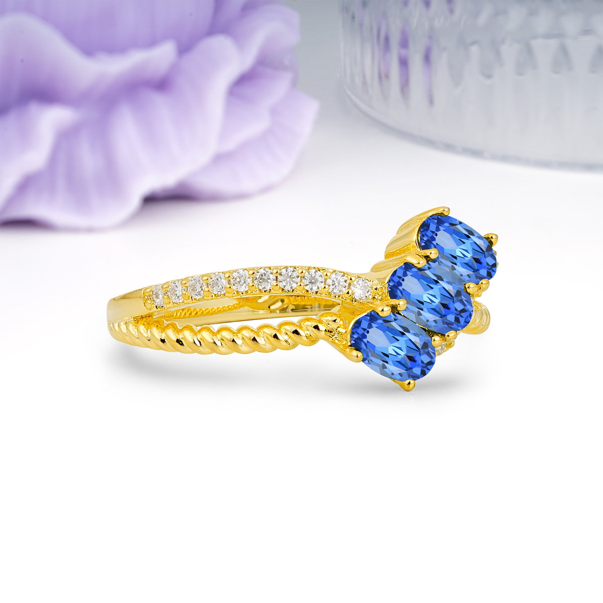 Luxurious And Unique 4 Prong Oval Cut Sapphire Three Stone Wedding Ring - Additional view
