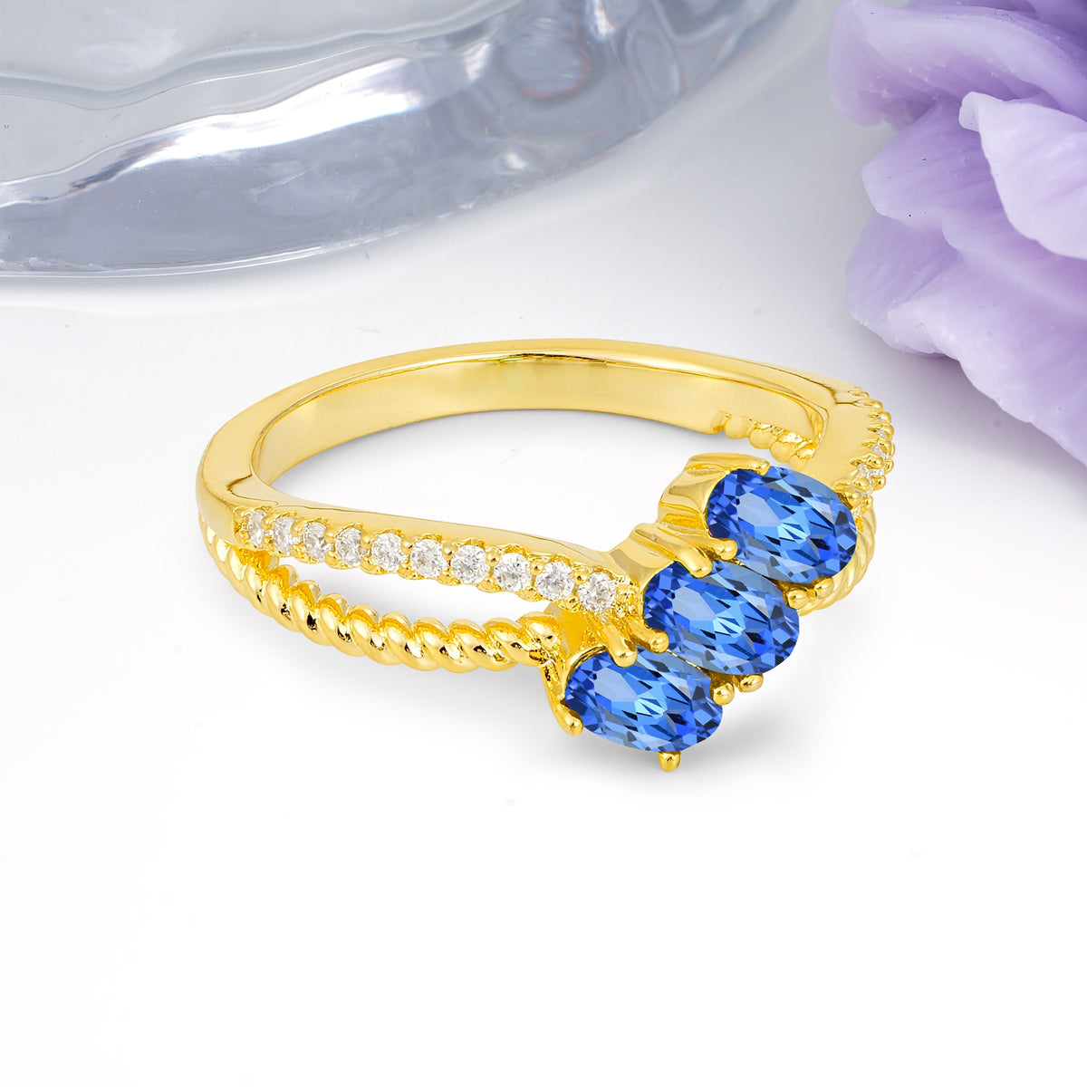 Luxurious And Unique 4 Prong Oval Cut Sapphire Three Stone Wedding Ring - Additional view