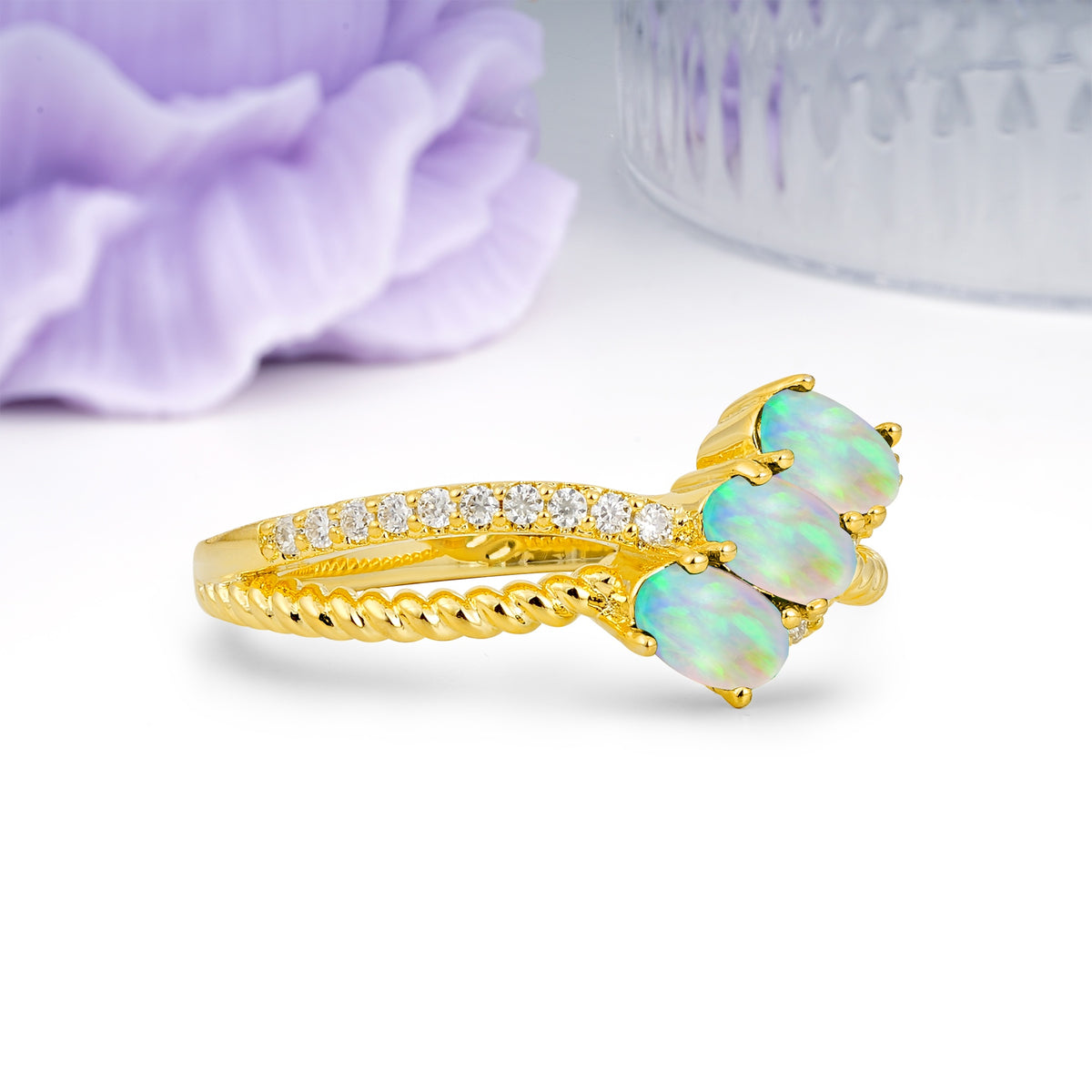 Luxurious And Unique 4 Prong Oval Cut Fire Opal Three Stone Wedding Ring - Additional view