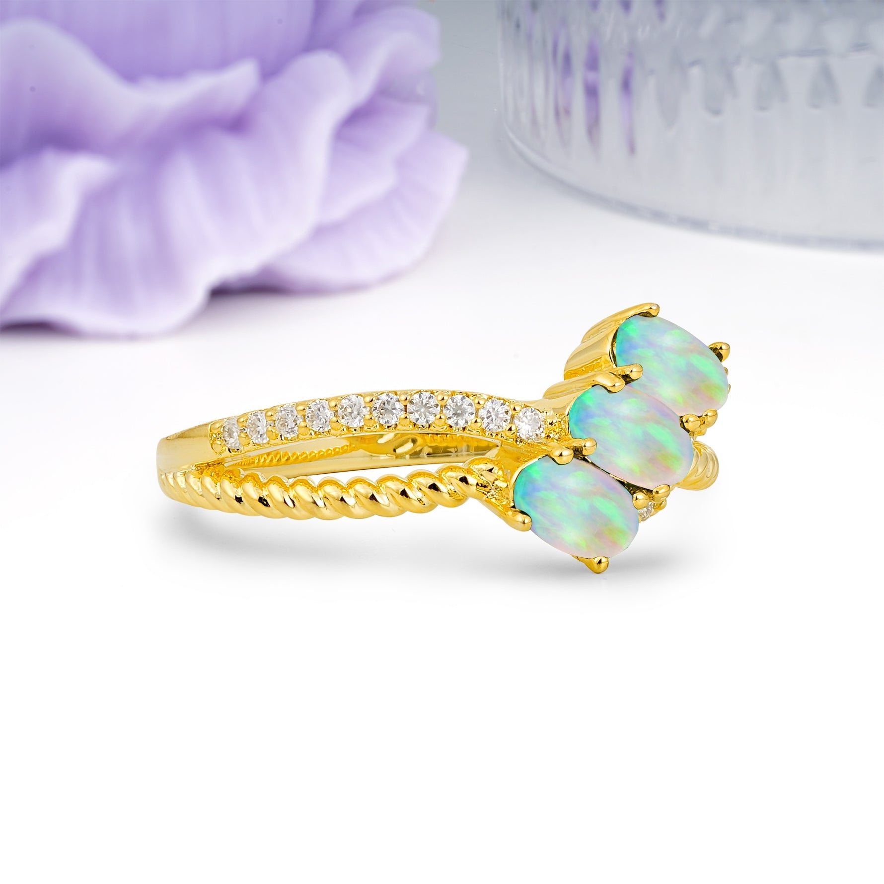 Luxurious Intertwined 4-Prong Oval Cut Fire Opal Three-Stone Wedding Ring - Additional view