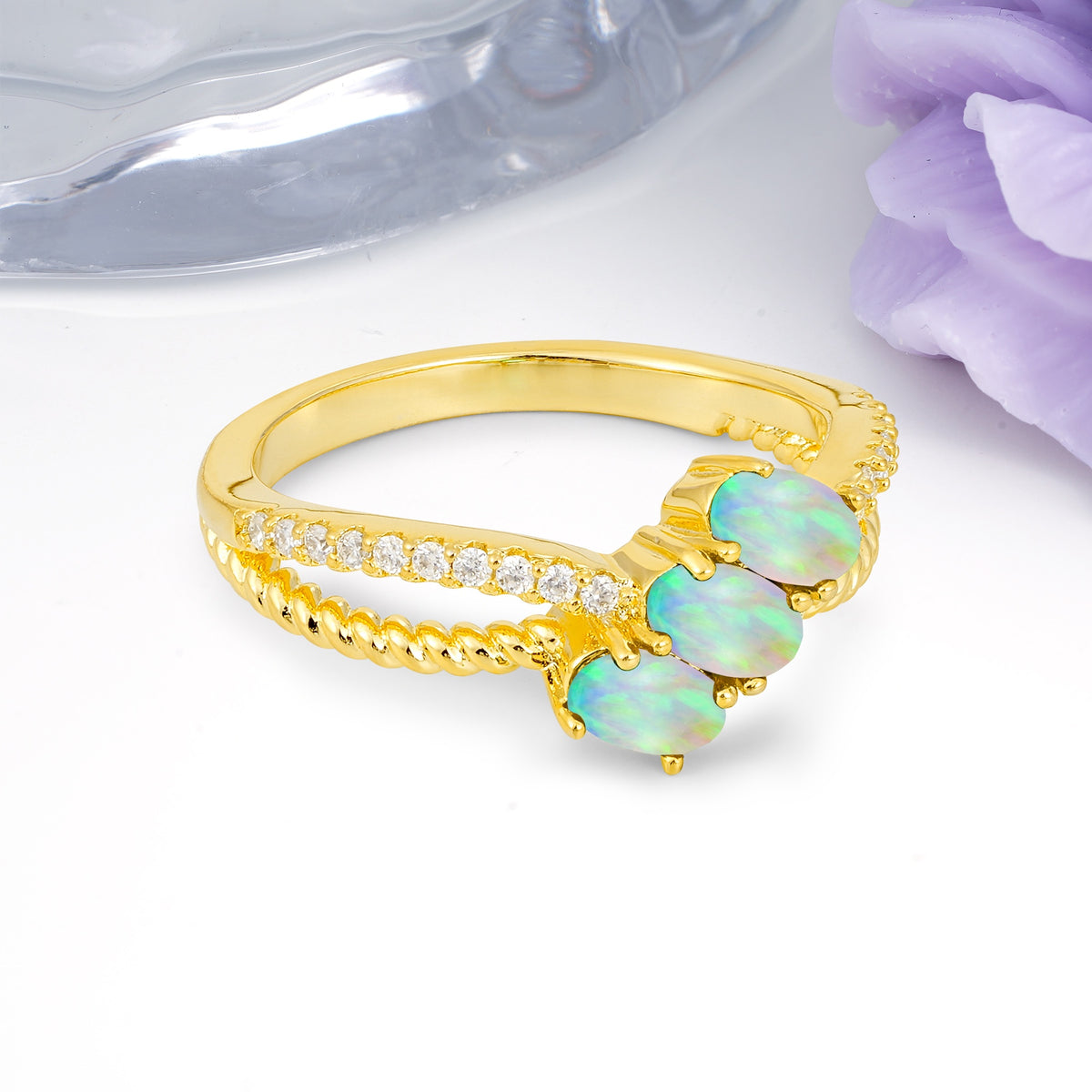 Luxurious And Unique 4 Prong Oval Cut Fire Opal Three Stone Wedding Ring - Additional view