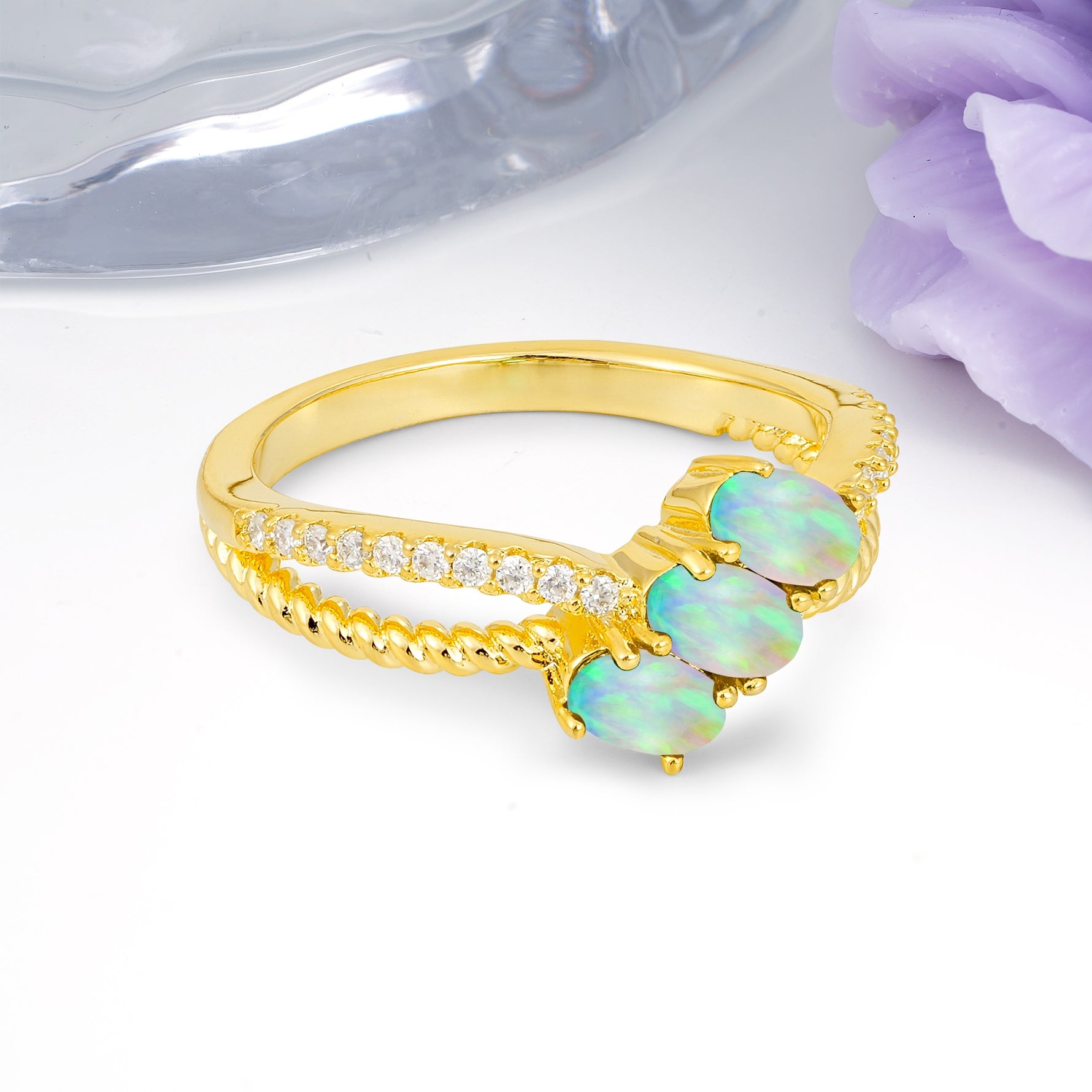Luxurious Intertwined 4-Prong Oval Cut Fire Opal Three-Stone Wedding Ring - Additional view