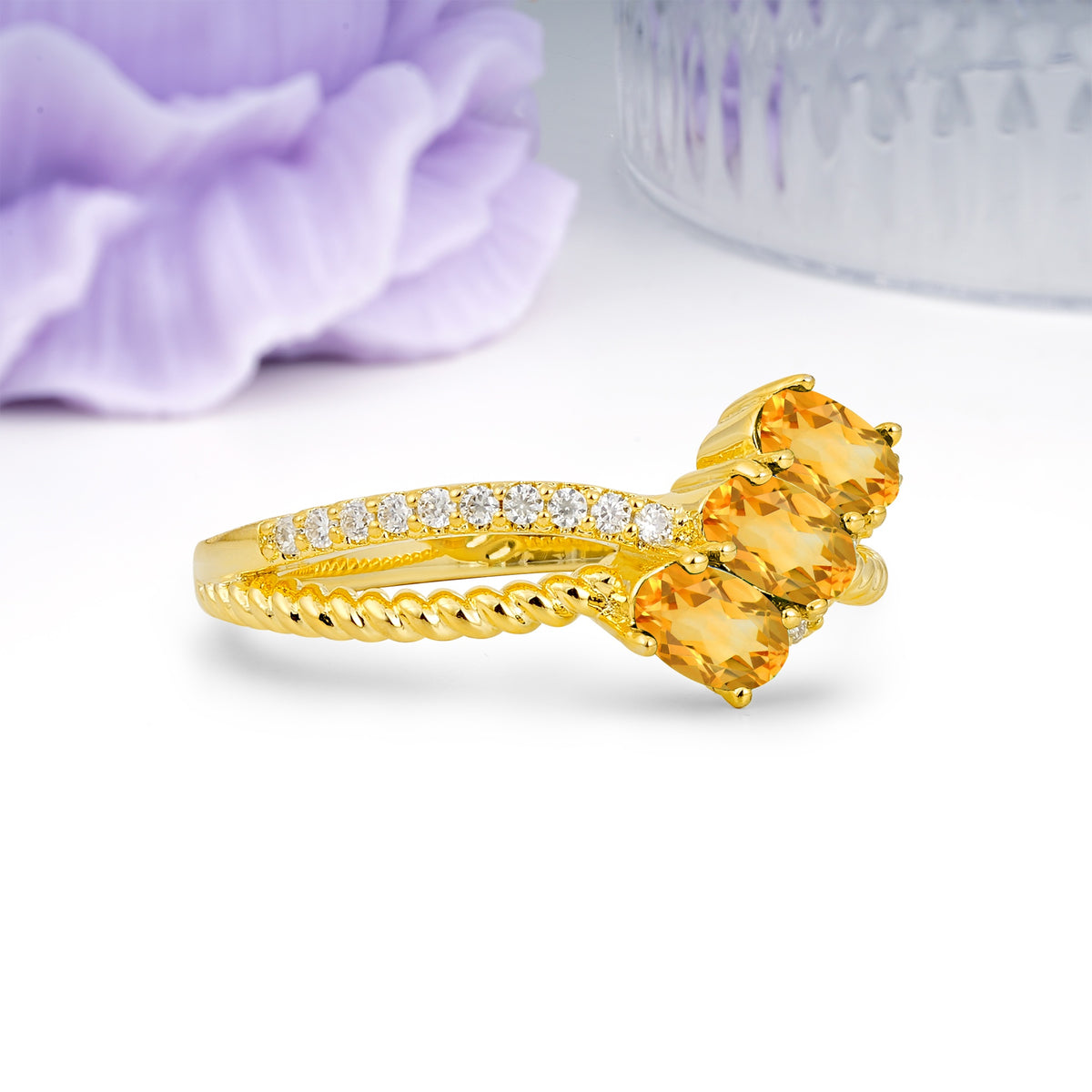 Luxurious And Unique 4 Prong Oval Cut Citrine Three Stone Wedding Ring - Additional view