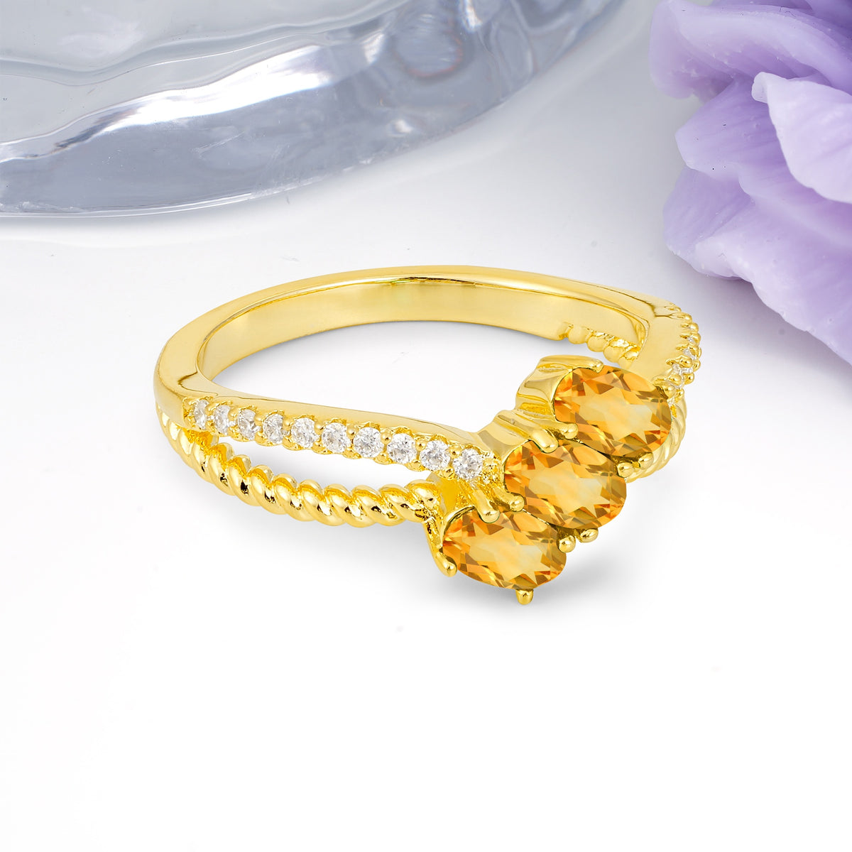 Luxurious And Unique 4 Prong Oval Cut Citrine Three Stone Wedding Ring - Additional view