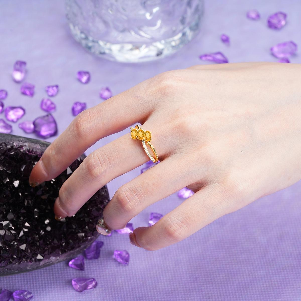 Luxurious And Unique 4 Prong Oval Cut Citrine Three Stone Wedding Ring - Additional view